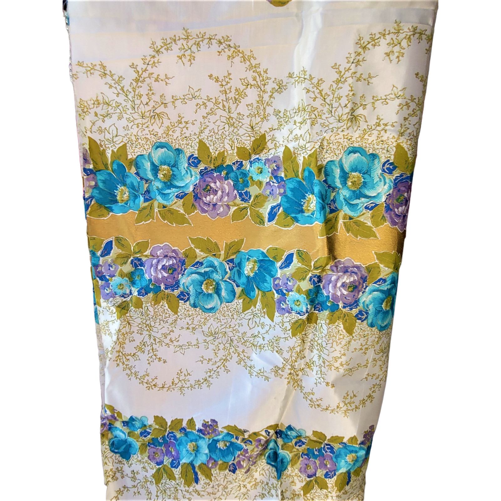 Vintage 70s Blue Purple Gold Shiny White Floral Garland Fabric Material Sewing