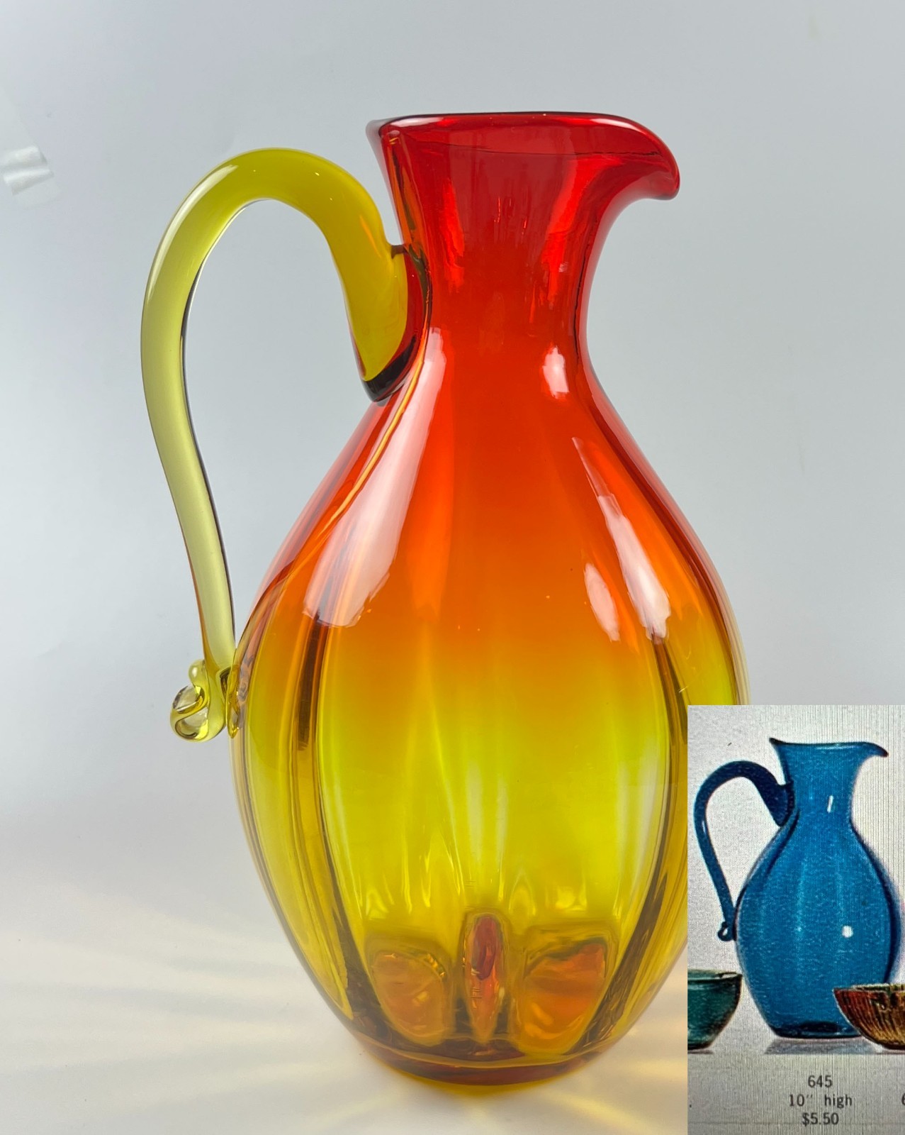 Vintage Blenko Glass #645 Optic Pitcher Tangerine orange yellow Amberina Meyers