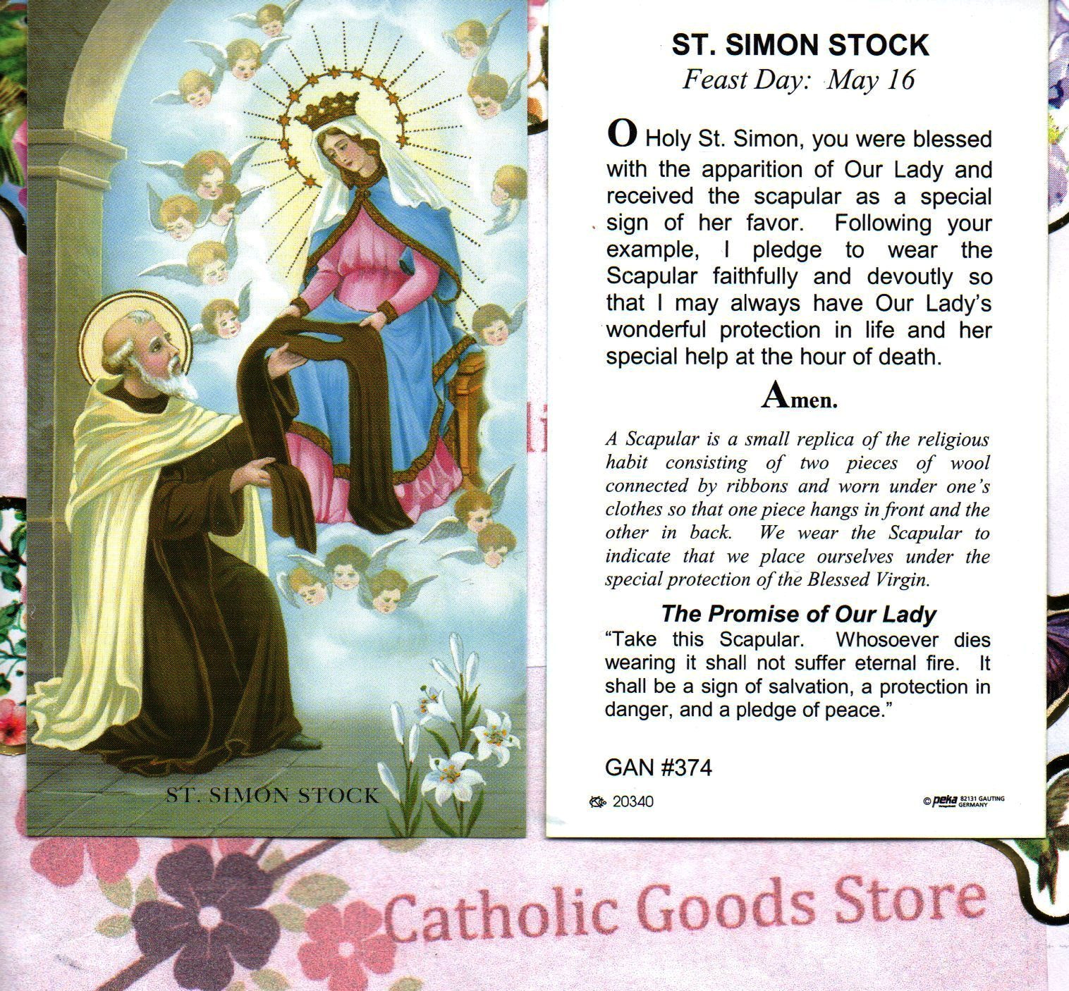 Saint St. Simon Stock with Prayer to St Simon Stock  - Paperstock Holy Card