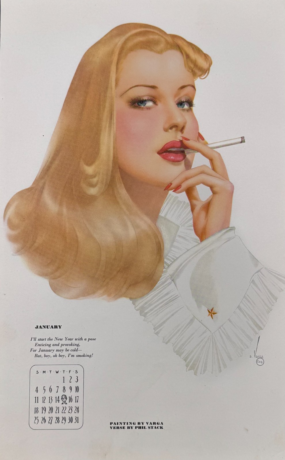 1947 Alberto Vargas Varga Girl January Esquire Pin-Up Calendar Page 13x8.25