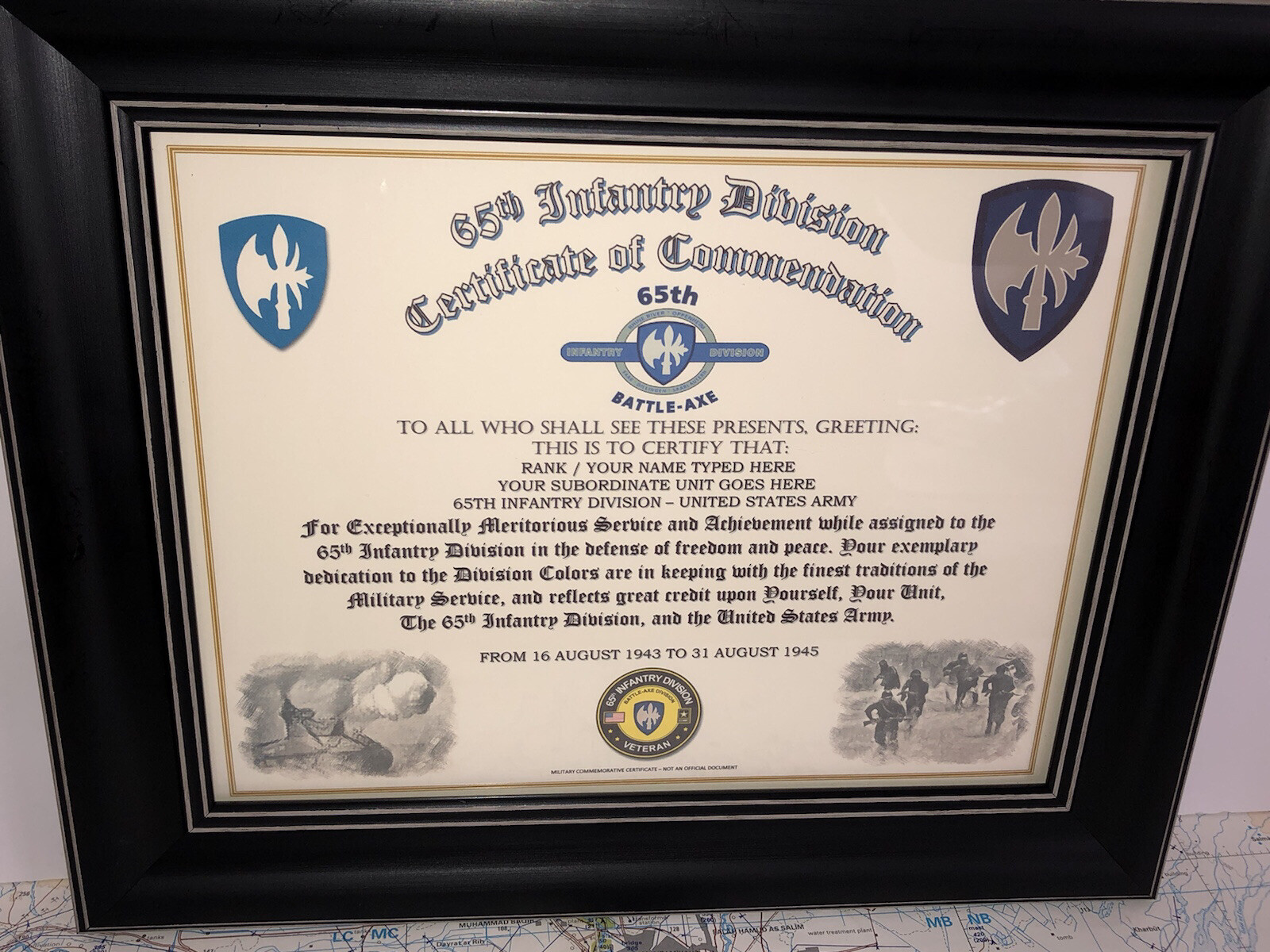 65TH INFANTRY DIVISION / COMMEMORATIVE - CERTIFICATE OF COMMENDATION