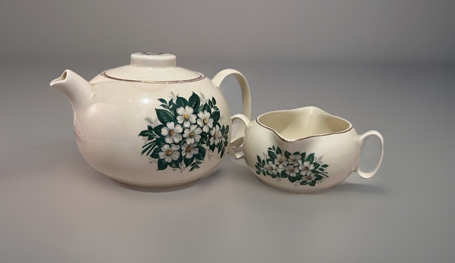 Vintage W. S. George Teapot & Double Handled Bowl – White Flowers & Green Leaves