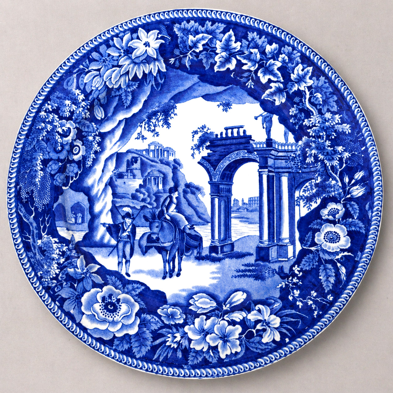 Antique J&R Clews Staffordshire Blue Transferware Plate Romantic Ruins c1820 10\