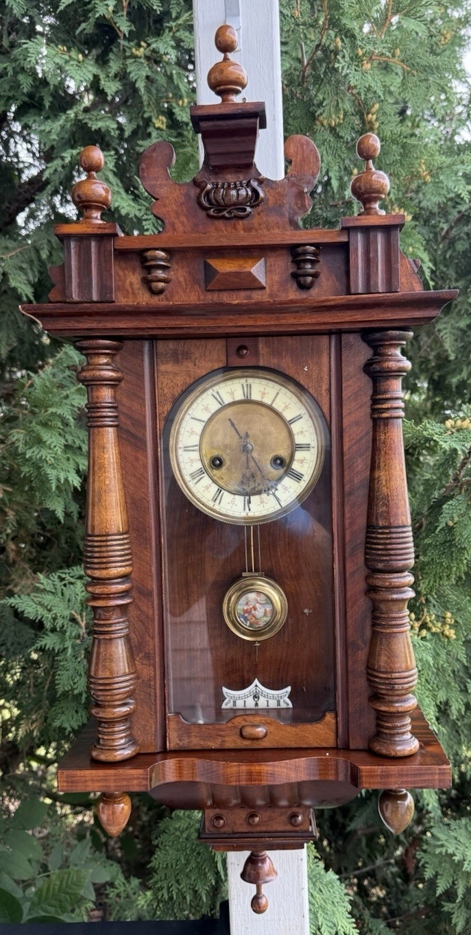 Antique C 1895 - 1915 German Hamburg Vienna Wall Clock  SEE VIDEO - ALL ORIGINAL