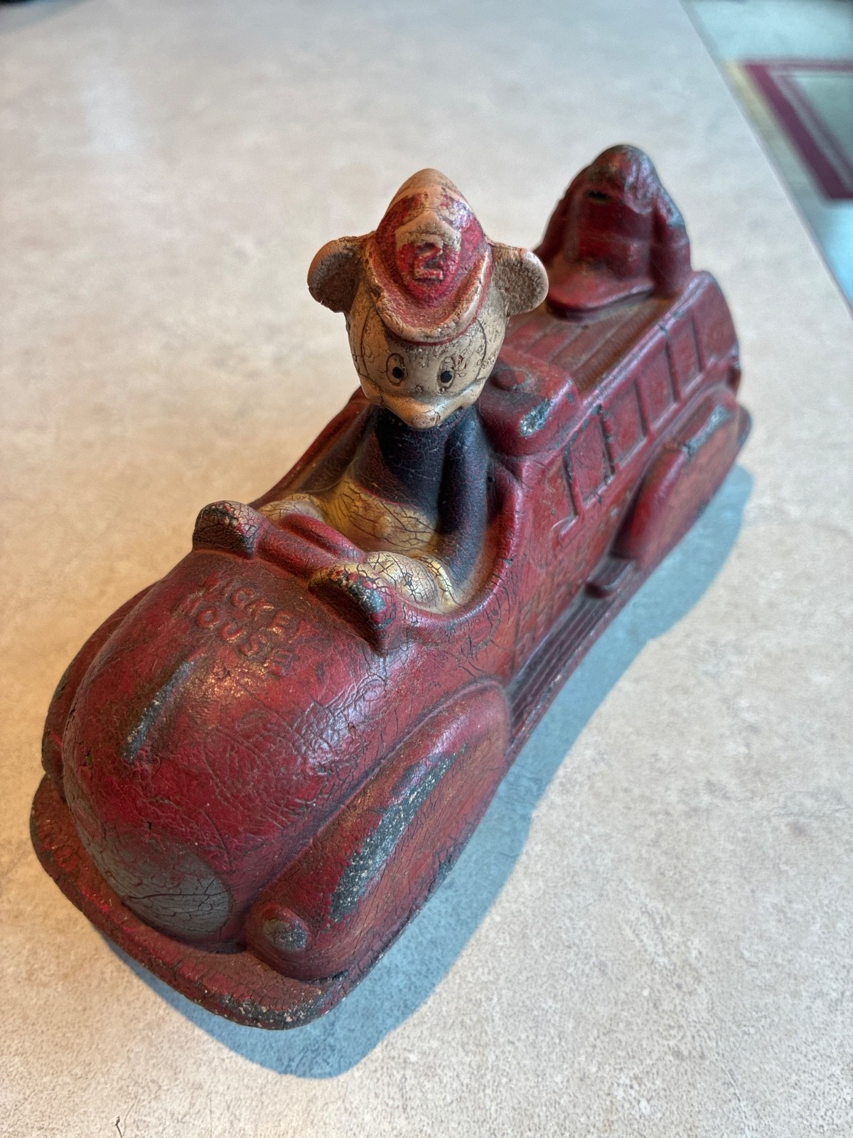 Vintage 1930's Walt Disney Rubber Mickey Mouse Fire Truck Push Toy