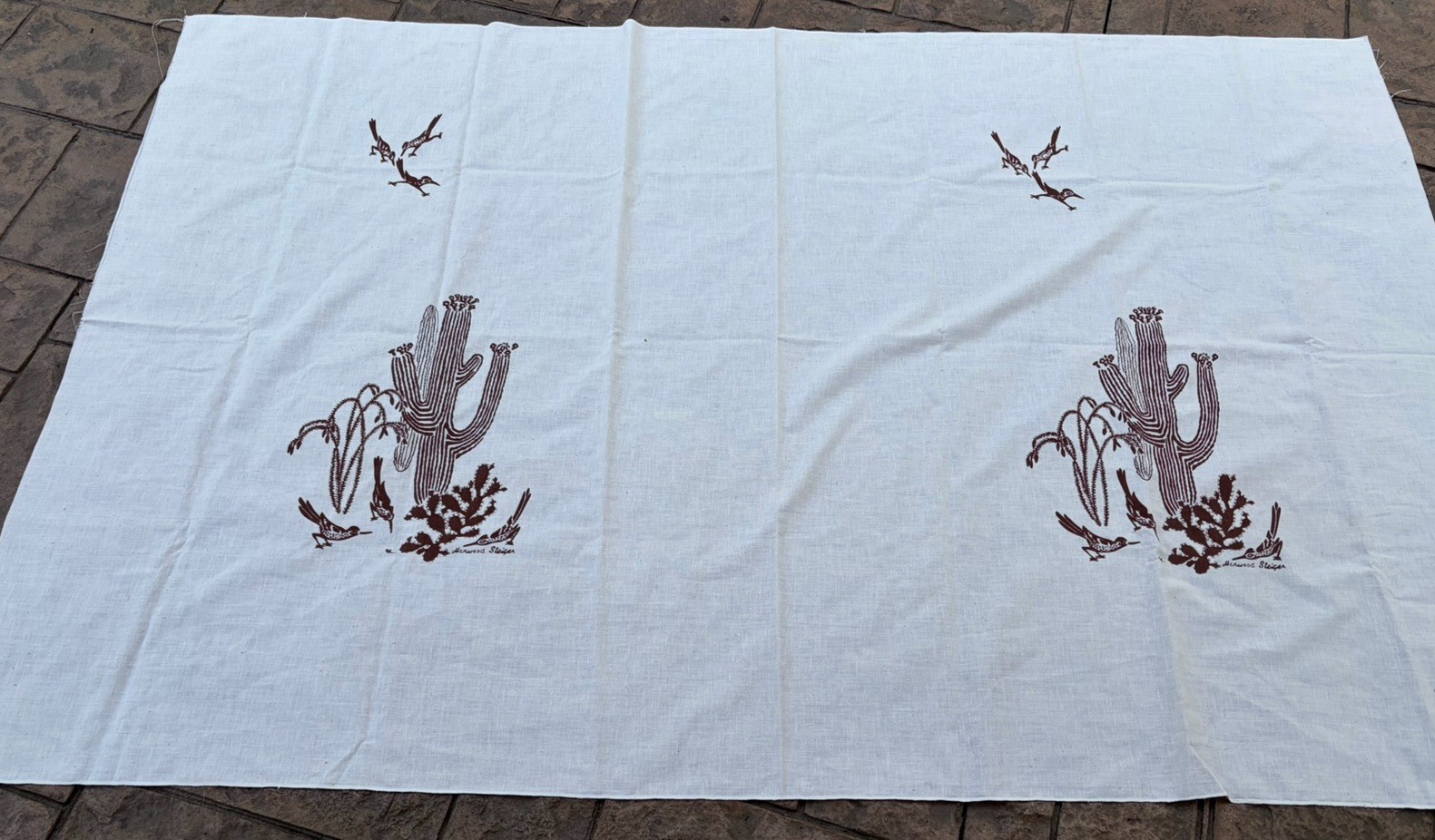 Vintage Harwood Steiger fabric 45x70 2 Panel Roadrunner Cactus Ivory MCM