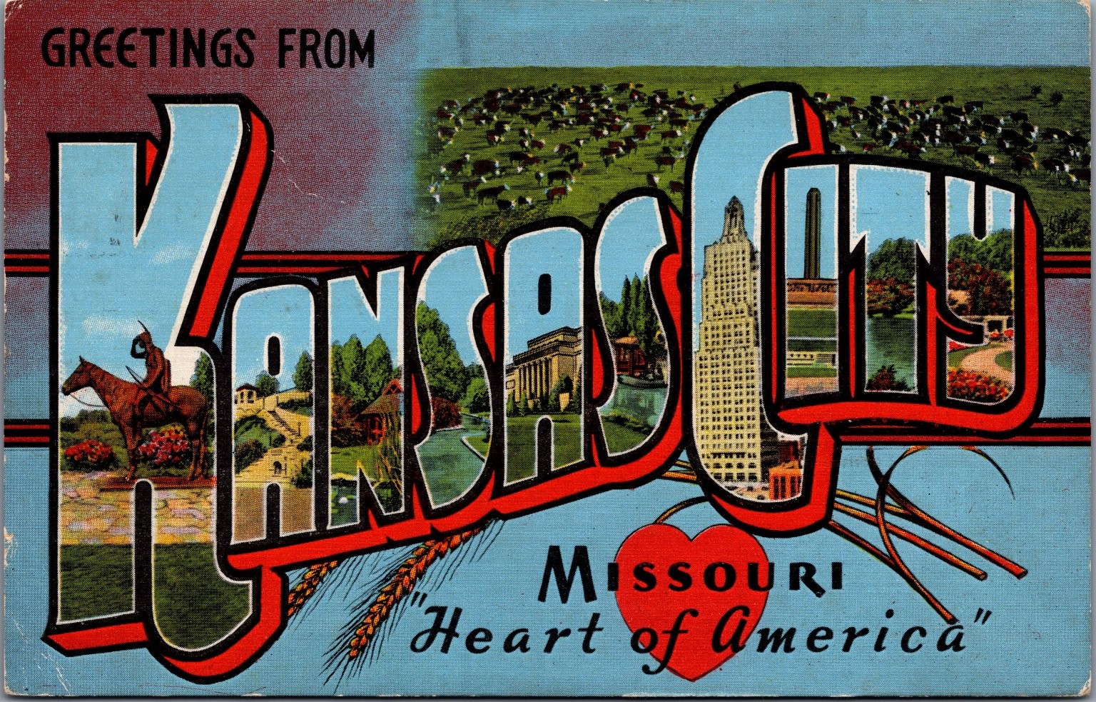 Greetings From Kansas City MO Large Letter Linen Postcard 1949 The Scout Greetings From Kansas City MO Large Letter Linen Postcard 1949 The Scout