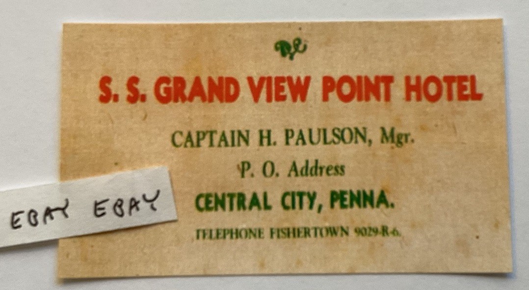 EARLY GRAND VIEW POINT SHIP HOTEL RARE BUSINESS CARD LINCOLN HIGHWAY PA. NEW