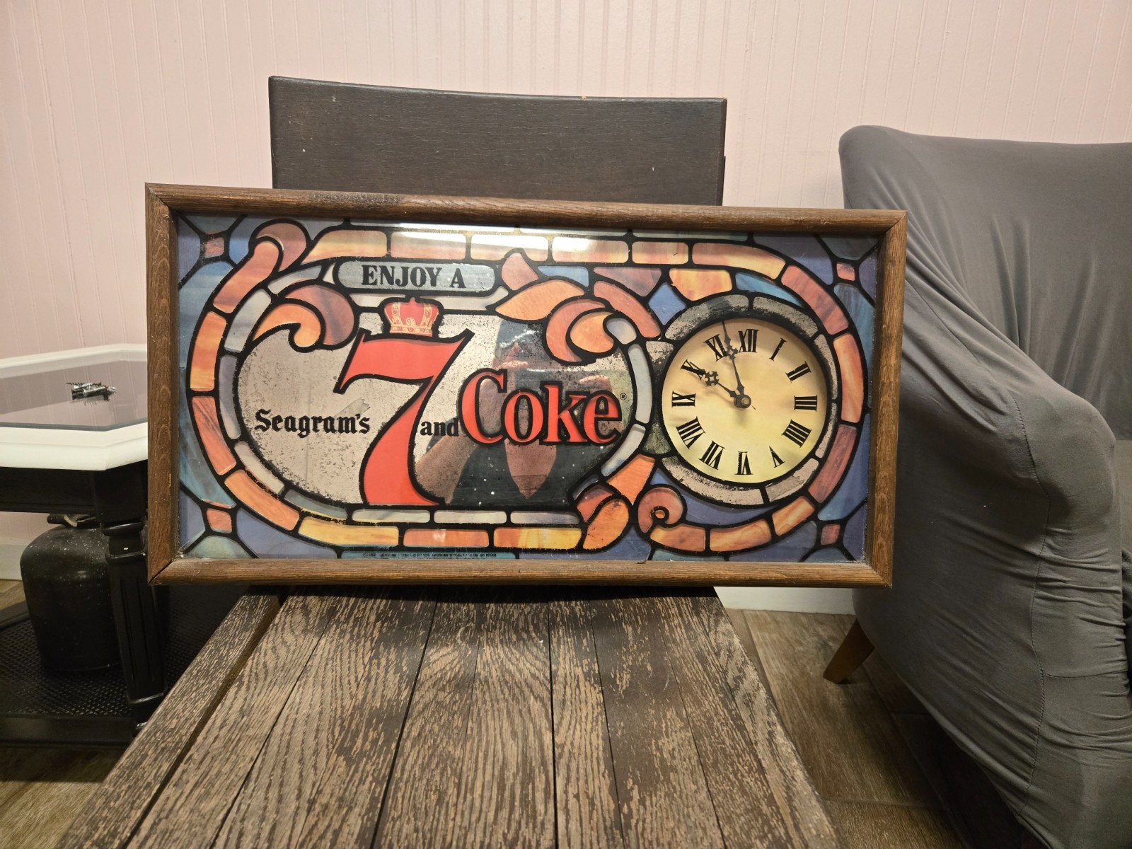 Vintage Seagram's 7 and Coke Glass Mirror Clock Wooden Frame