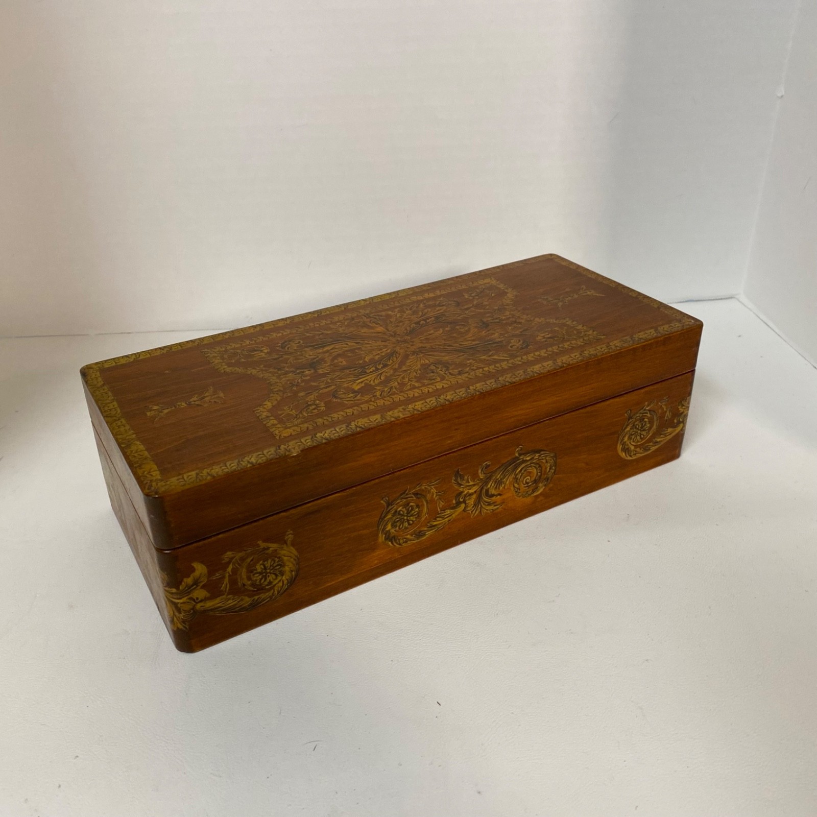 Beautiful Wood Trinket Jewelry Box • Rectangle • Velvet Lined • Stained Brown