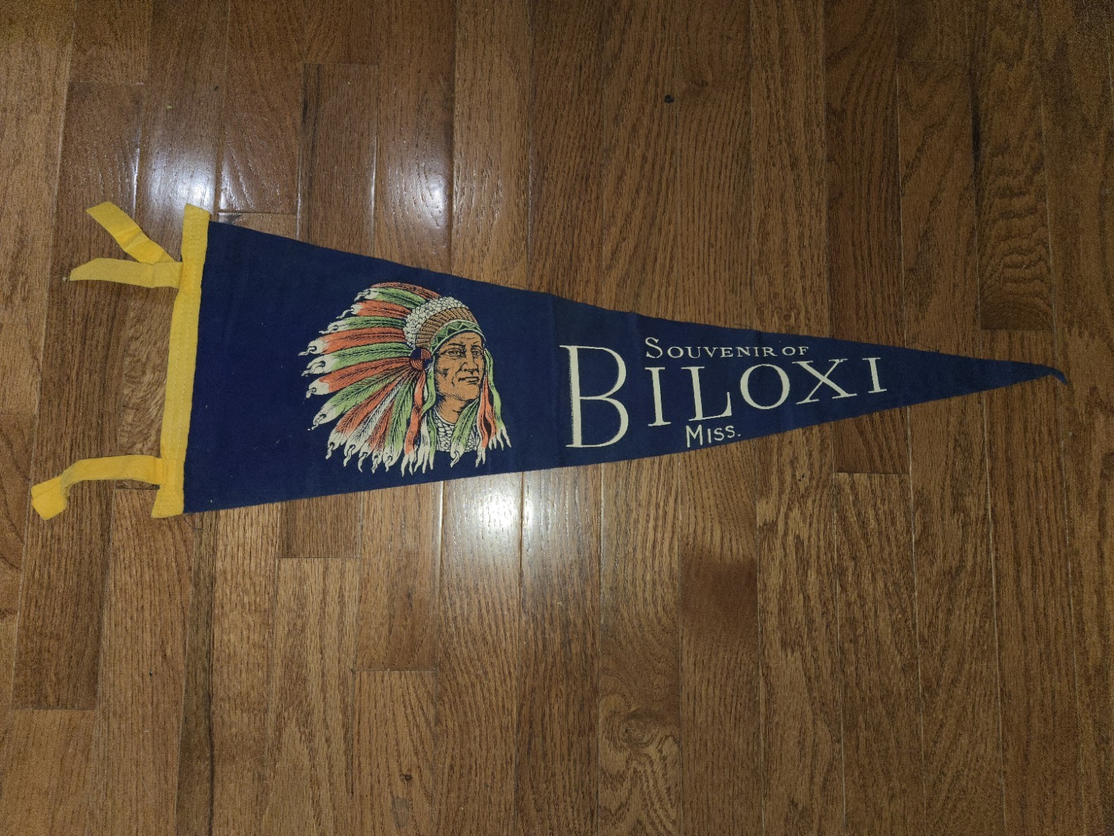 VTG C. 1940\'S BILOXI MISSISSIPPI SOUVENIR PENNANT BLUE WITH CHIEF INDIAN HEAD A+