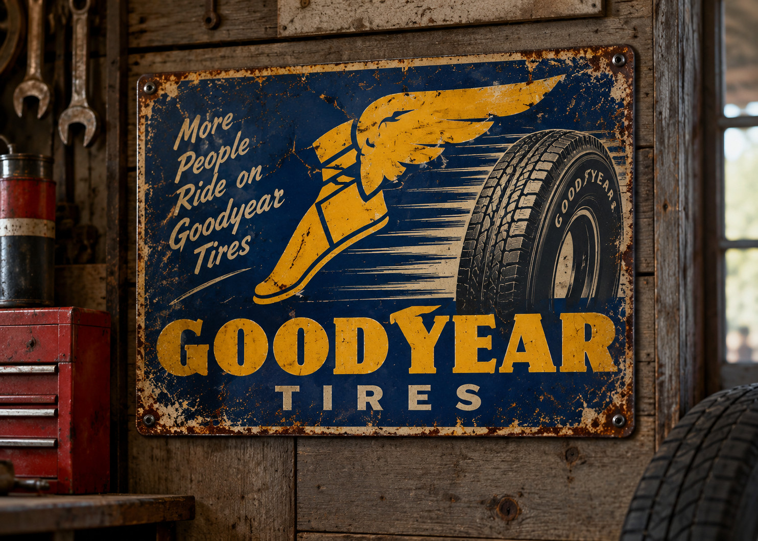 Vintage Look Goodyear Tires Sign - 10x14 PVC with Holes for Hanging