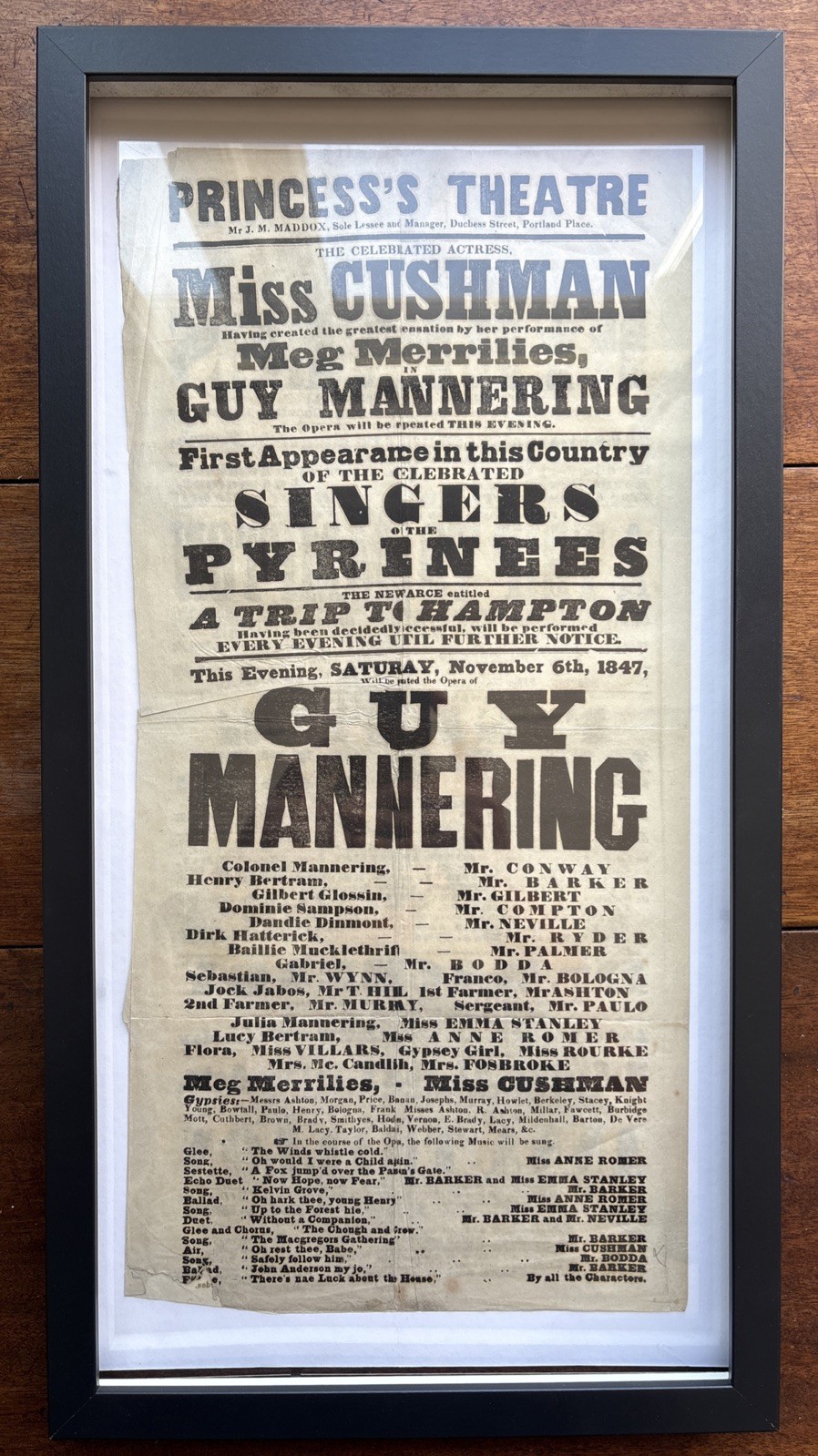 Antique Princess’s Theatre Playbill Guy Mannering Miss Cushman Merrilies 1847
