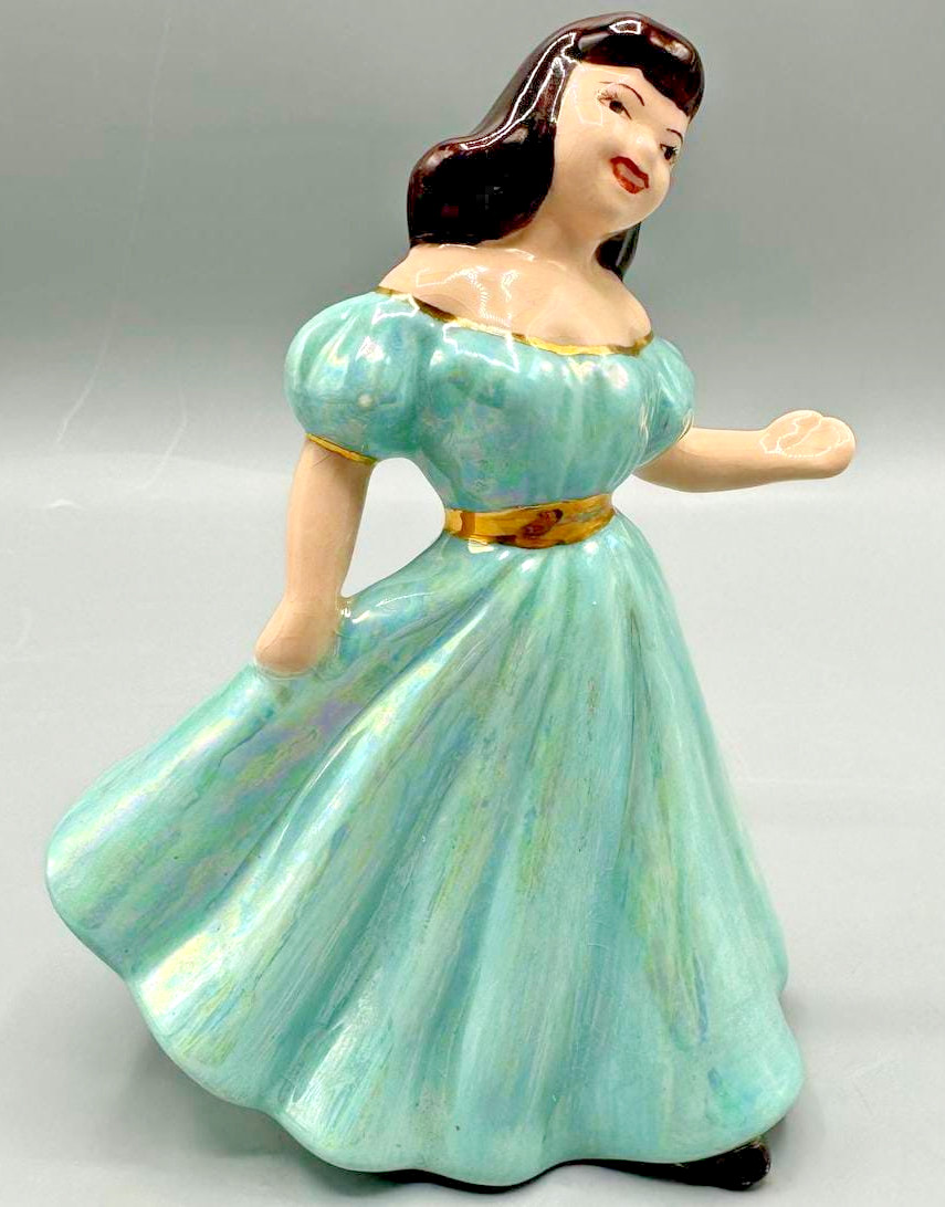 Vtg Mid Century Lady Figurine Iridescent Lusterware Green Dress Ceramic 1950s