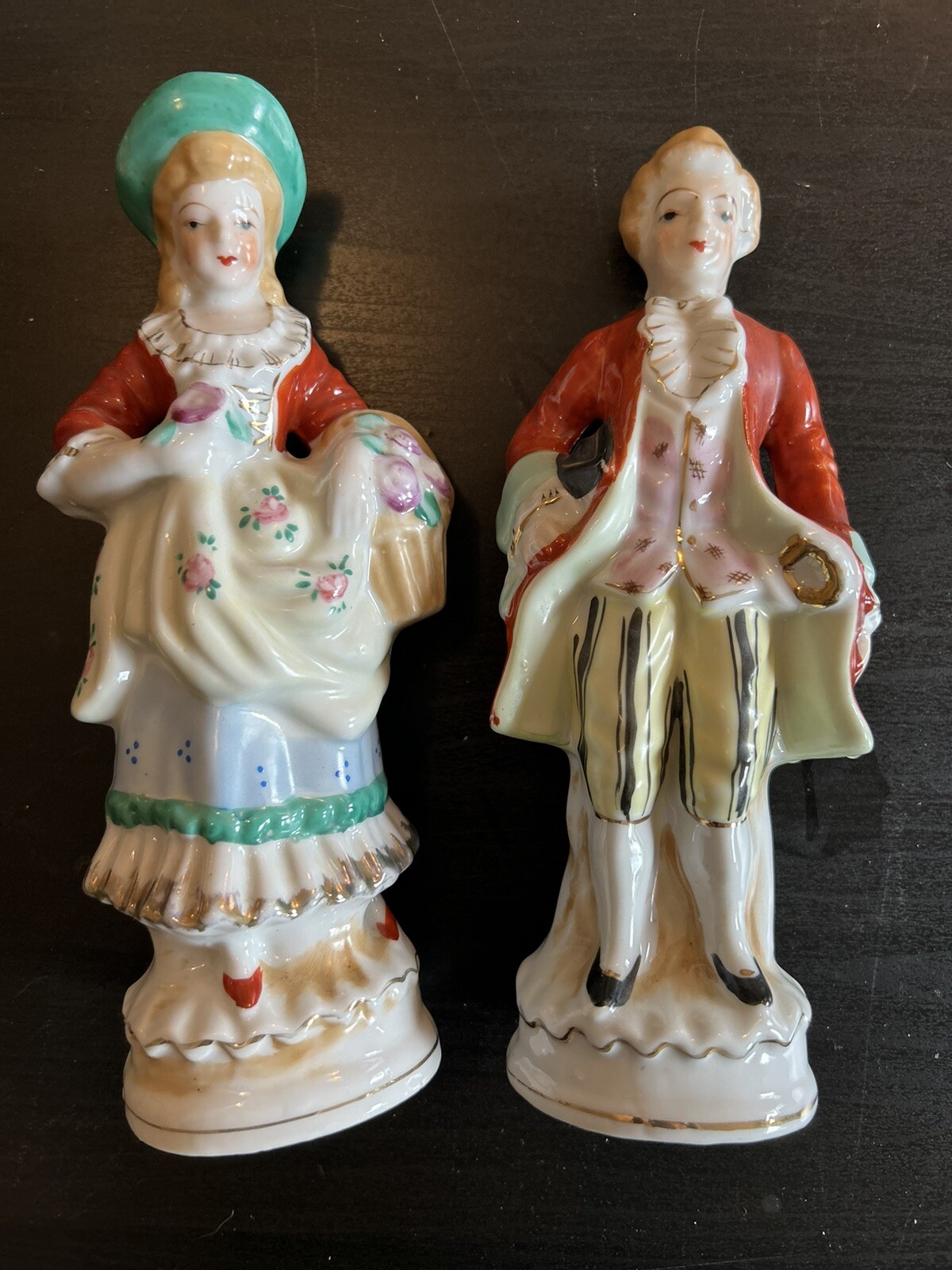 Vintage Porcelain Victorian Figurines Man & Woman Couple Colonial with Gold Trim