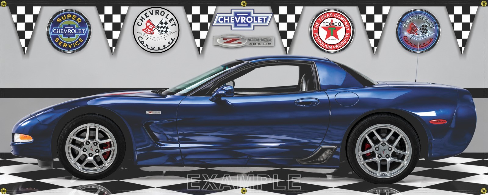 2004 CHEVY CORVETTE Z06 COMMEMORATIVE EDITION LEMANS BLUE GARAGE SCENE BANNER
