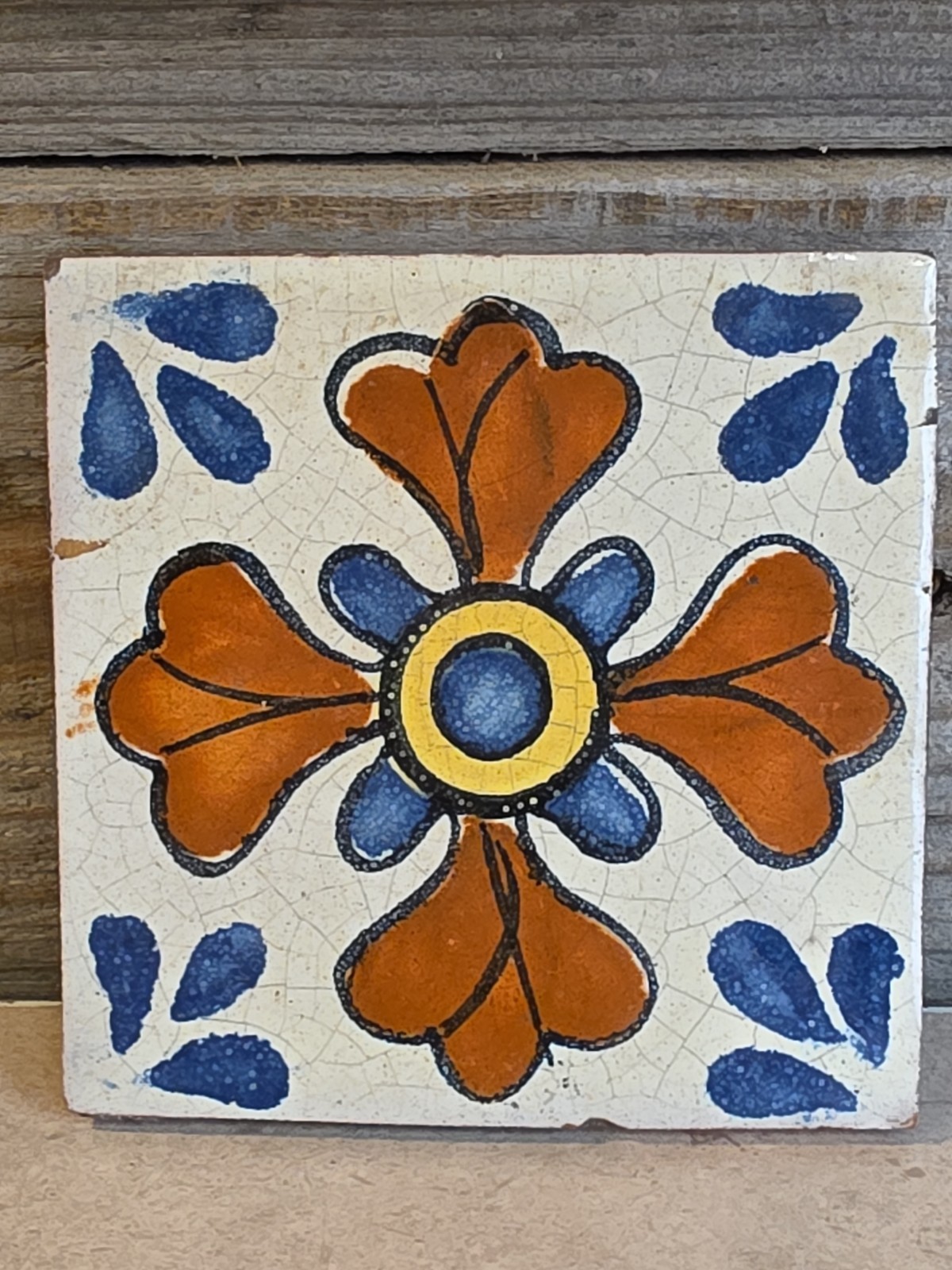 Vintage Mexican Talavera Tile Hand Painted 4x4 Blue Seville Folk Art Ceramic
