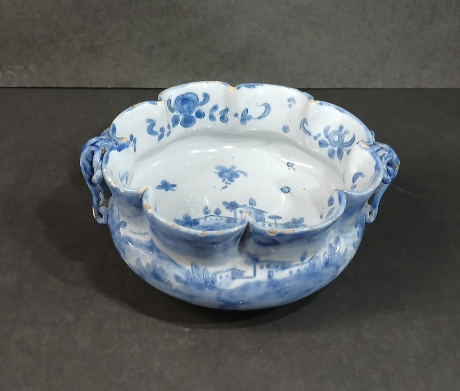 Antique 19thC Cantagalli Majolica Bowl Landscape House Floral Scene Blue & White