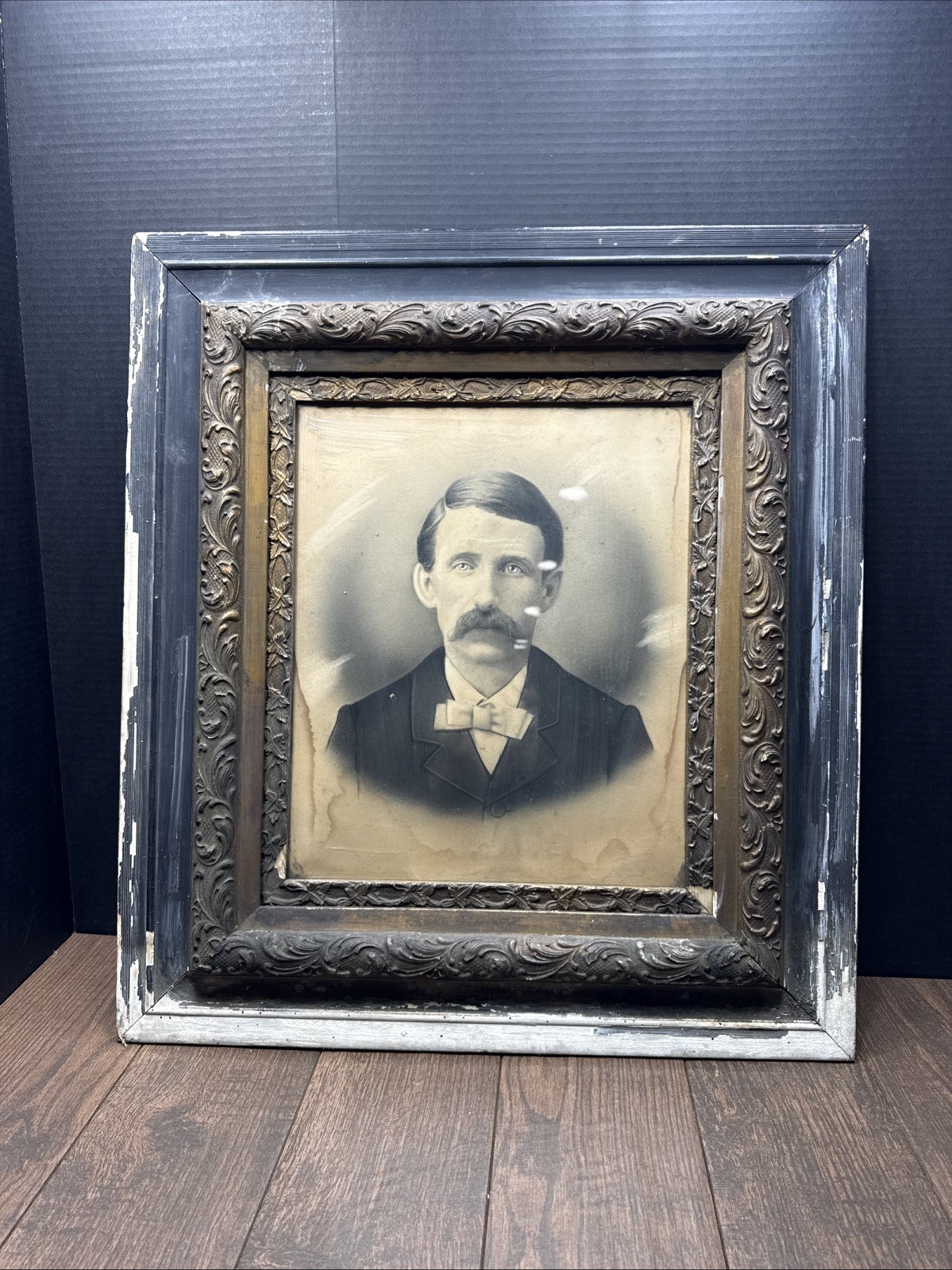 Antique Portrait Huge Heavy Ornate Frame Wood 1800s Early 1900s Mustache Man