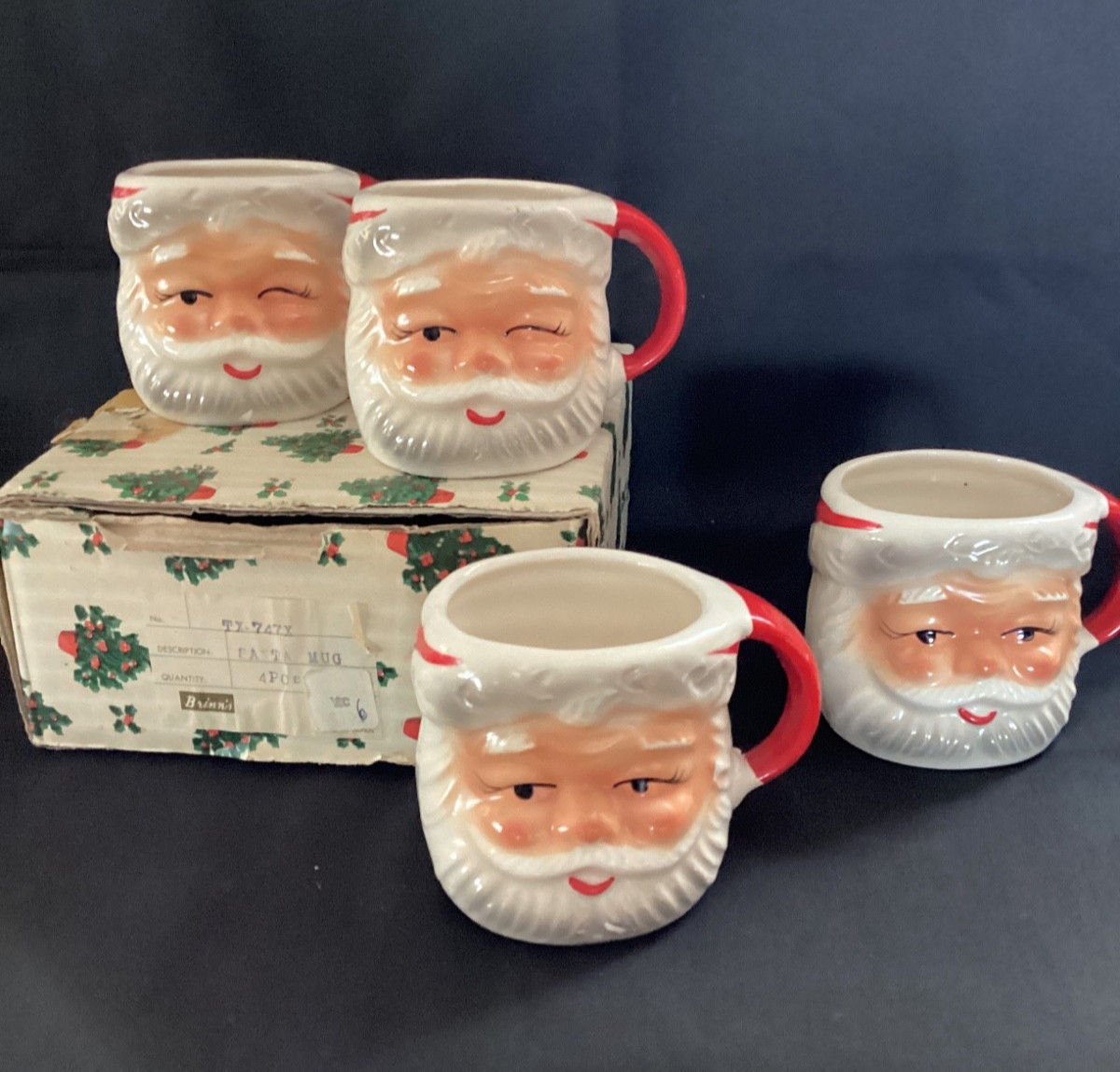 Vintage 50s Brinn’s Winking Santa Mug Set of 4 MCM in Original Box TX 747 Vintage 50s Brinn’s Winking Santa Mug Set of 4 MCM in Original Box TX 747