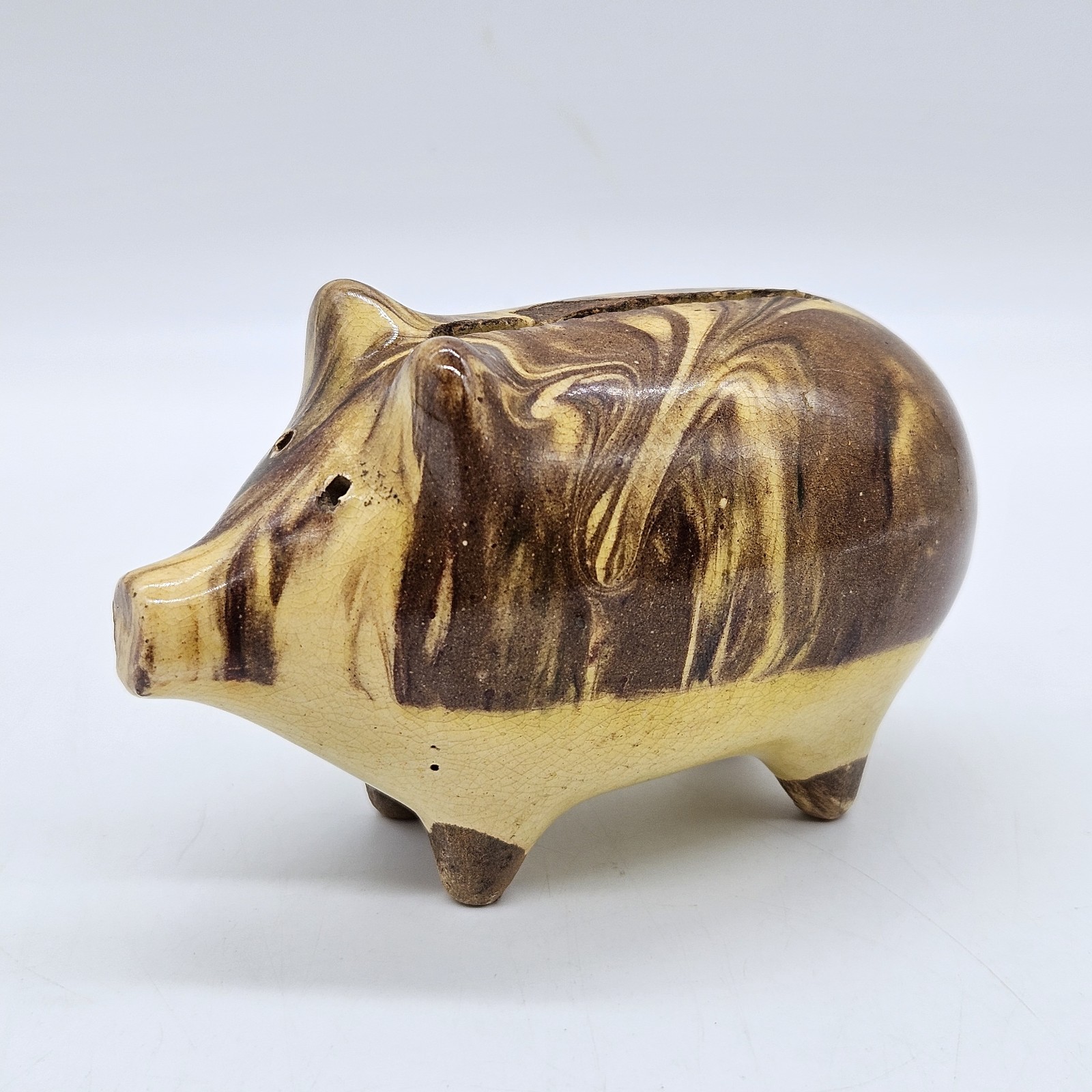 RARE ANTIQUE 1800s HOLE-EYED SMALL MOCHA PIG BANK YELLOW WARE 4” So Cute
