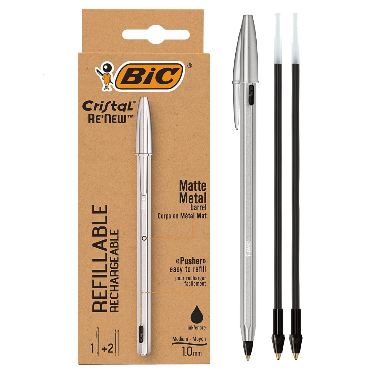 BIC Aluminum Body Refillable Cristal Re\'new Ball Point Pen 1.0mm with 2 Refills BIC Aluminum Body Refillable Cristal Re\'new Ball Point Pen 1.0mm with 2 Refills