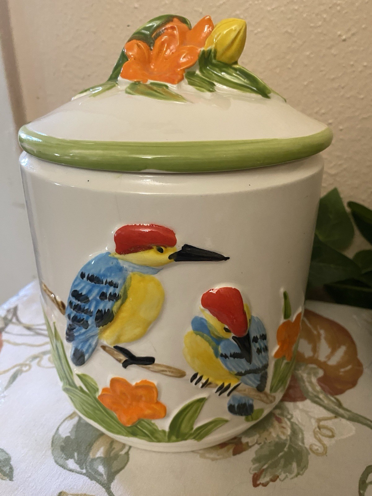 Vintage Cookie Jar Hand Painted Woodpecker Bird