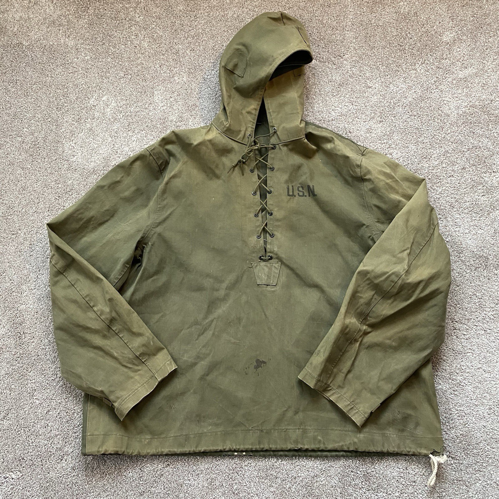 Vintage WWII Era US Navy Deck Pullover Hooded Smock / Jacket M Foul Weather USN