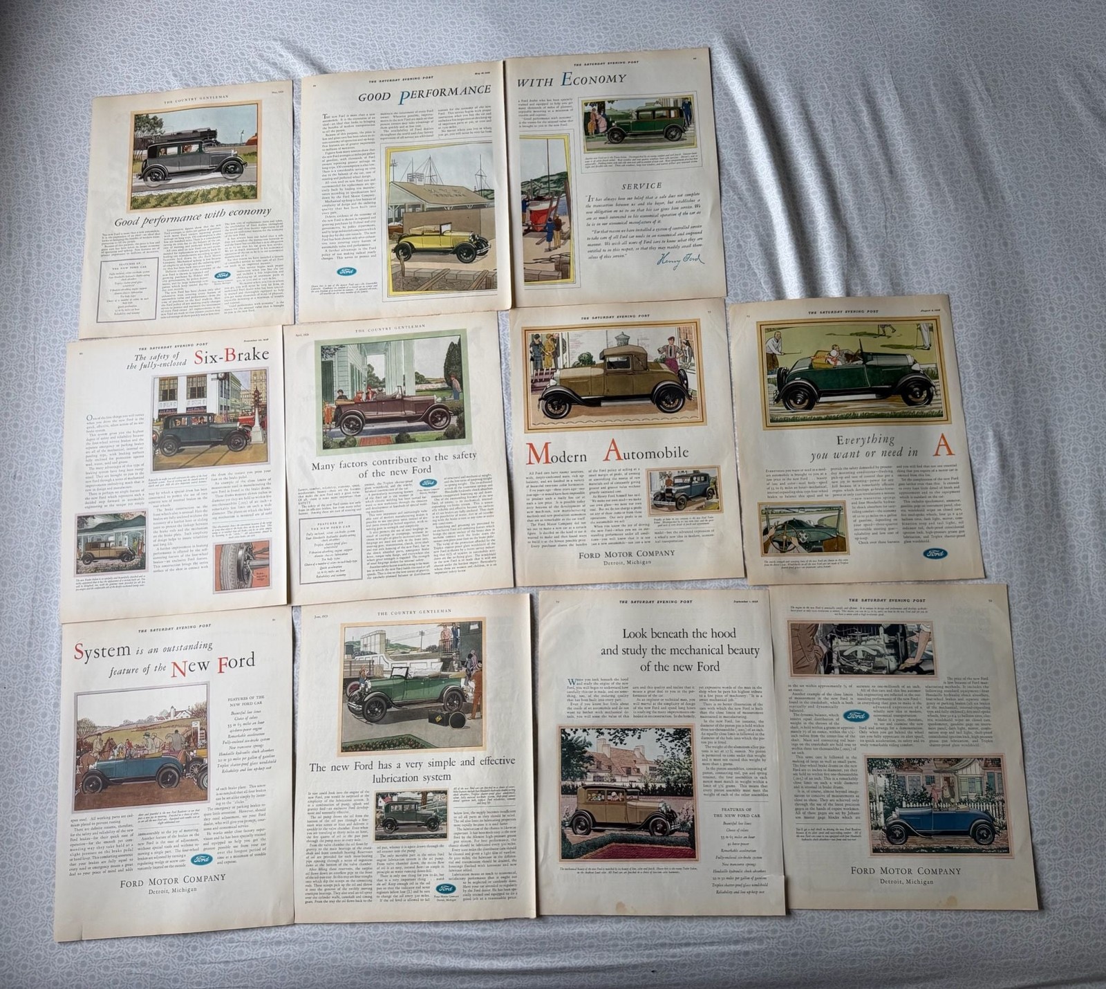 Vintage 1928 1929 Ford Model A Magazine Print Ad Lot 11 Pieces Car Art Decor