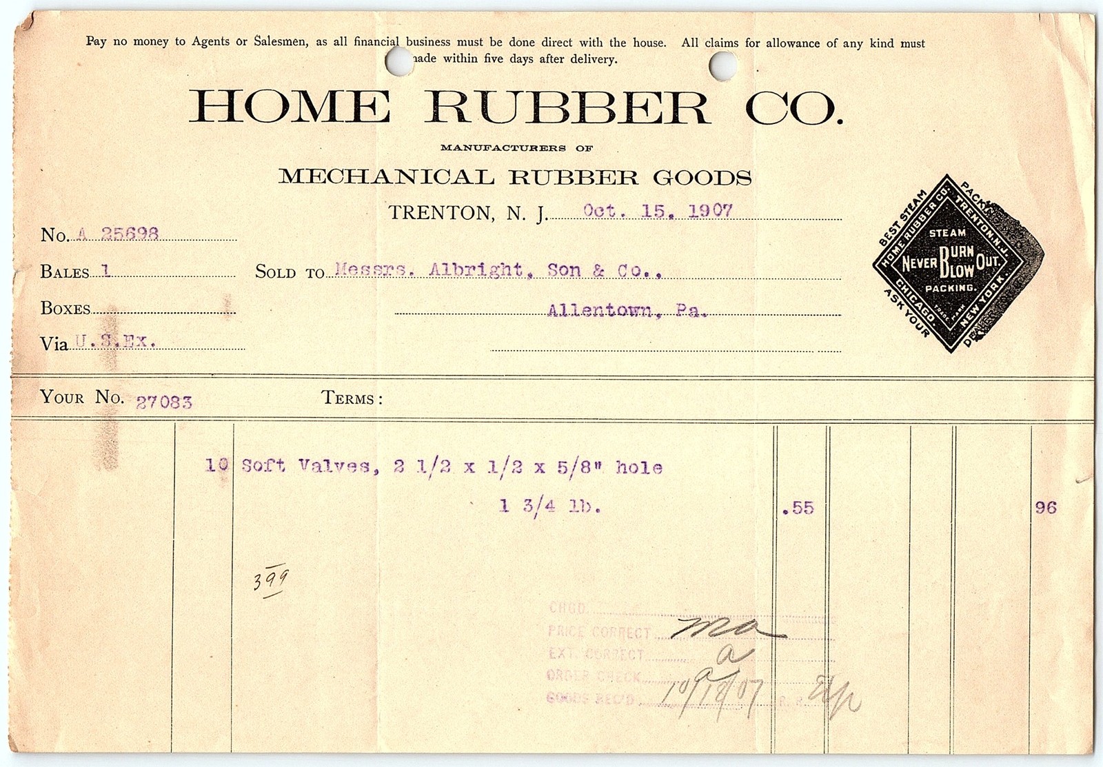 1907 Home Rubber Co. Trenton NJ Mechanical Rubber Goods Bill