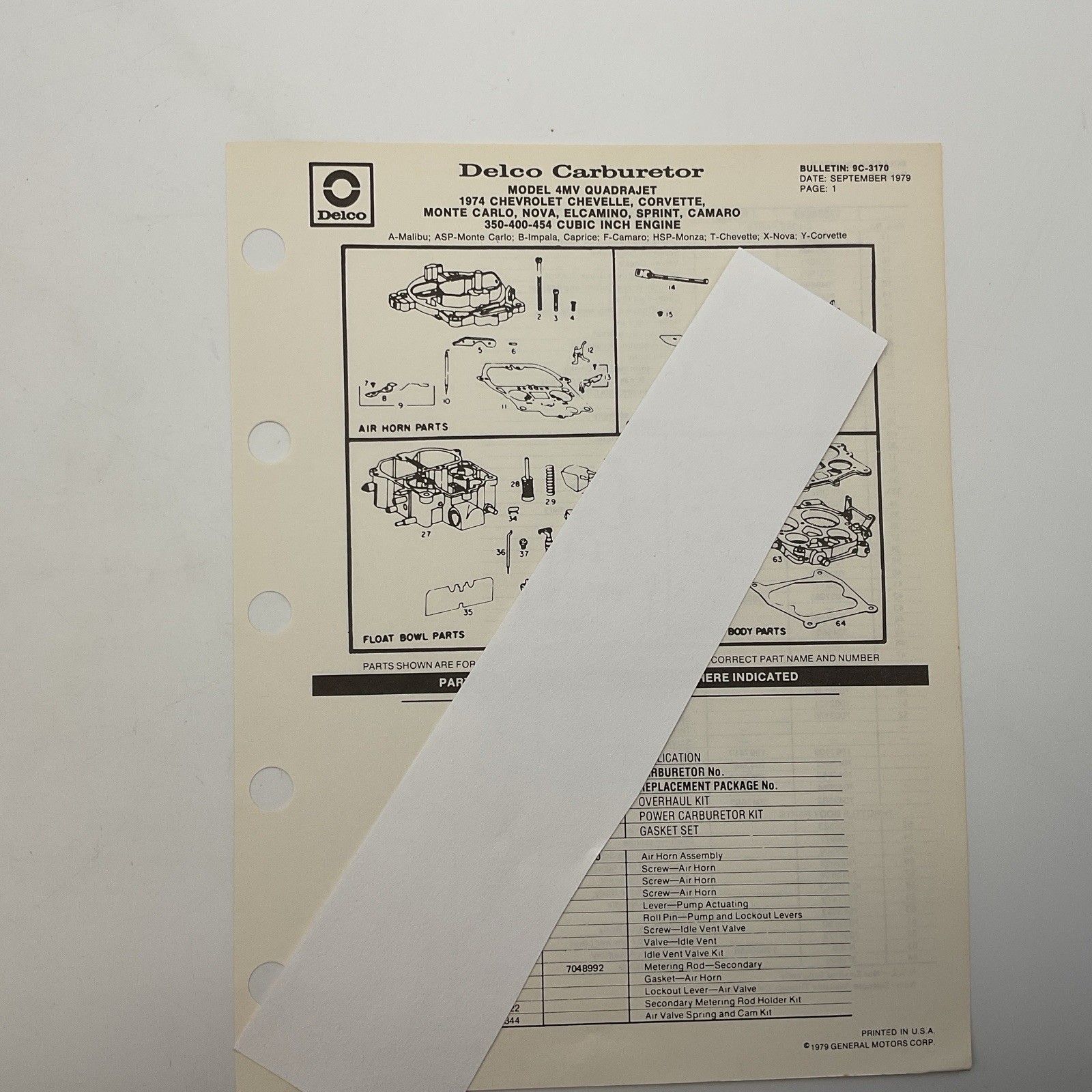 Delco Carburetor 1979 Parts Bulletin 4 MV Quadrajet 1974 Chevy 9c-3170