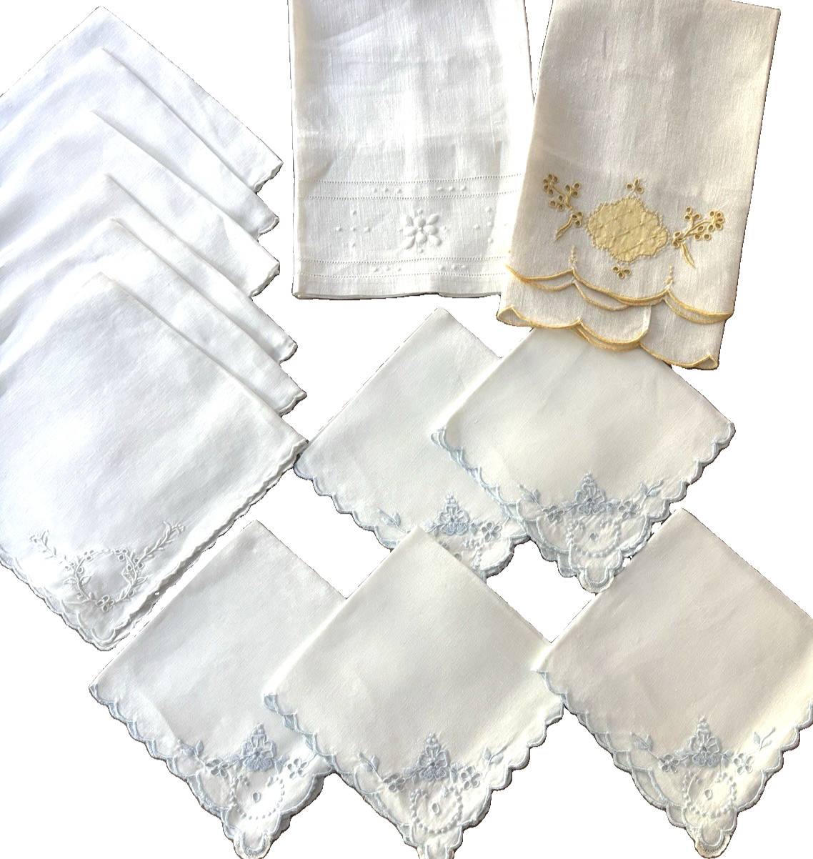 VTG LOT Embroidered Napkins Sets Irish Linen Crochet Scalloped Edges + Tea Towel VTG LOT Embroidered Napkins Sets Irish Linen Crochet Scalloped Edges + Tea Towel