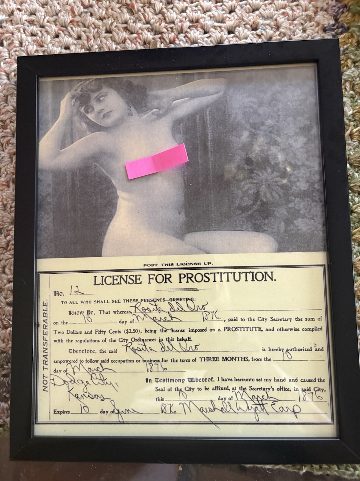 Dodge City, Kansas. Brothel License Prostitution Framed Vintage 1876 w/Picture