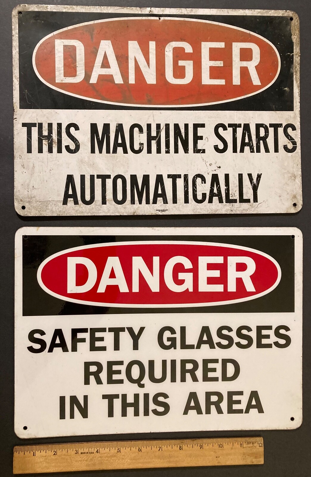 Two Vintage Aluminum DANGER SIGNS ~ 14” x 10” ~ Man Cave or Garage