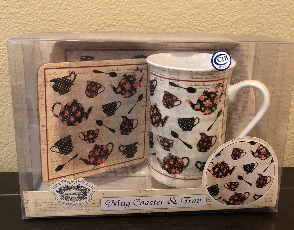 New Kent Pottery 3 Piece Set -Mug, Coaster & Tray Floral Tea Party Pattern New Kent Pottery 3 Piece Set -Mug, Coaster & Tray Floral Tea Party Pattern