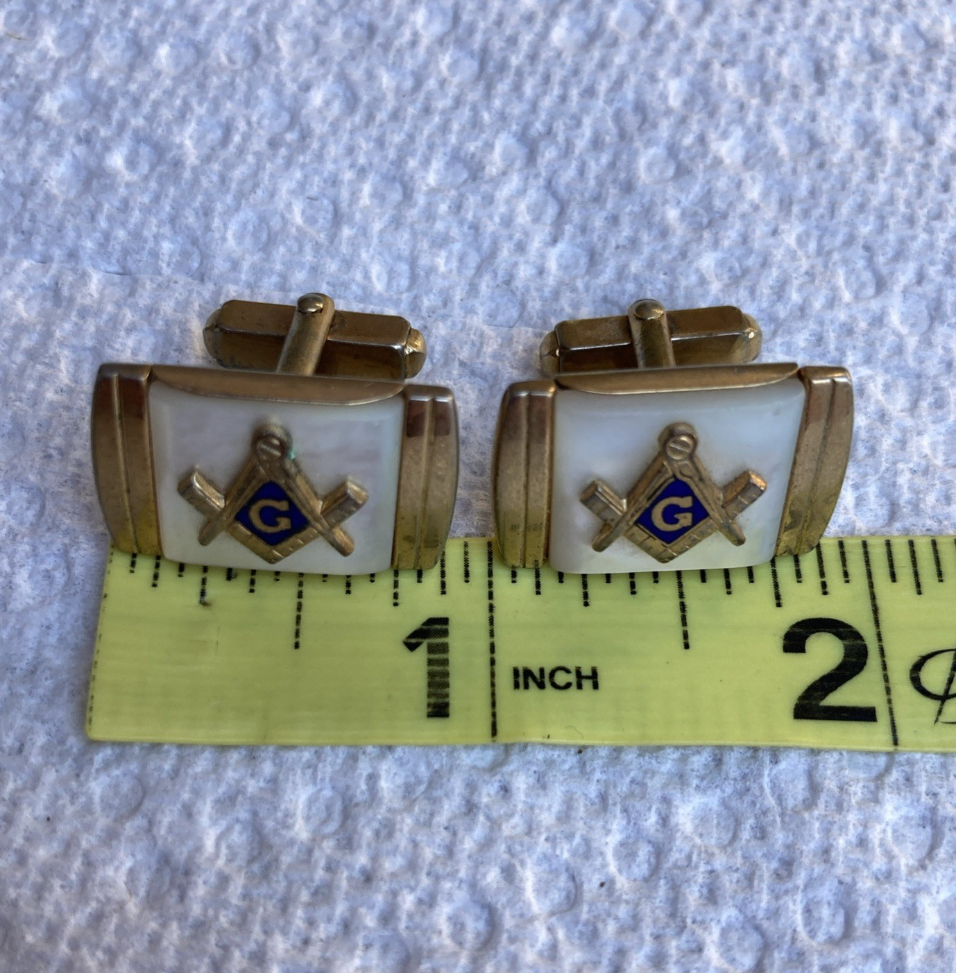 VTG Anson Cufflinks Freemason Masonic Square Compass Emblem Mother Of Pearl Set