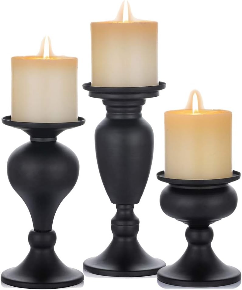 Candle Holders Set of 3 Black Metal Pillar Candlestick Vintage Decor Candle Holders Set of 3 Black Metal Pillar Candlestick Vintage Decor