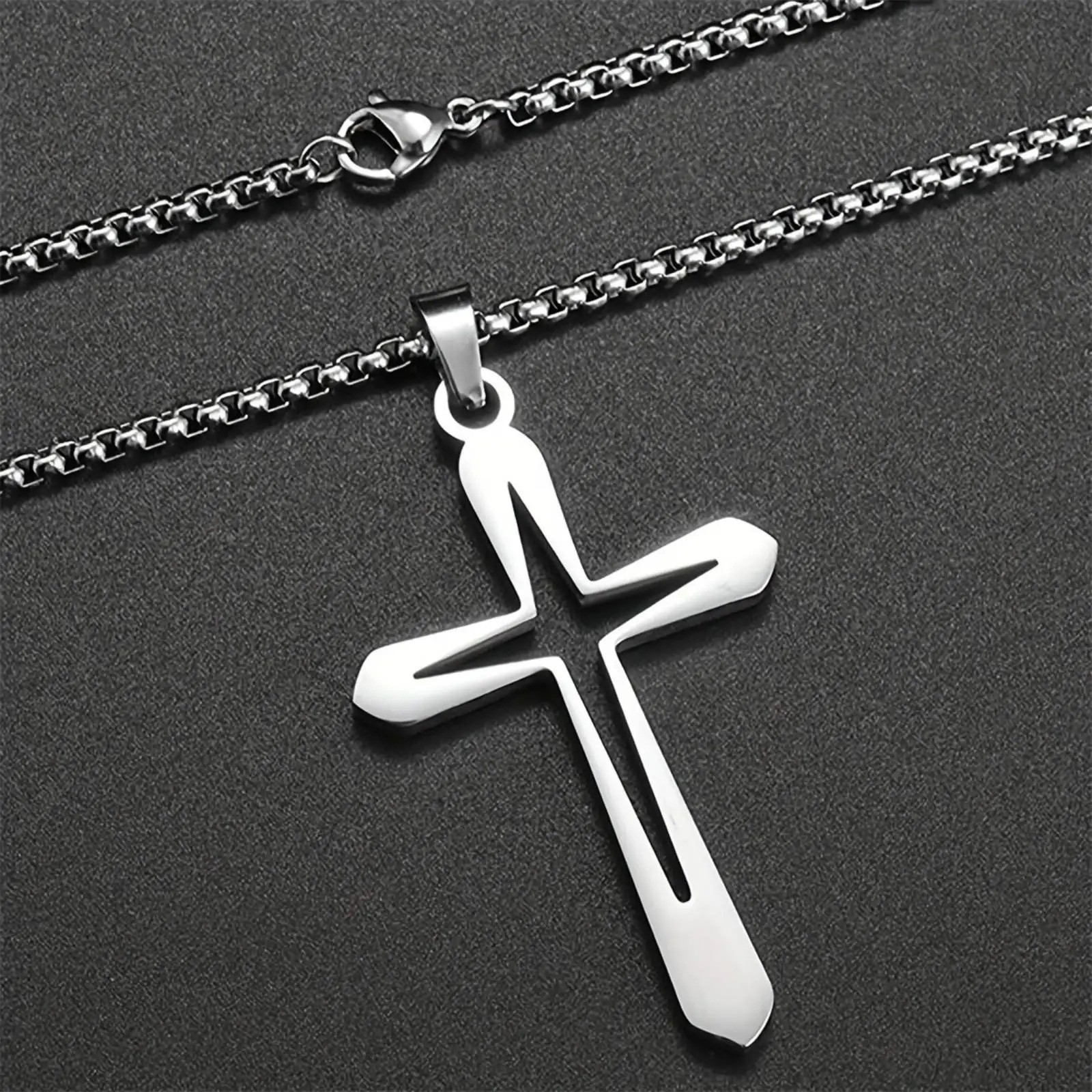 Cross inside a cross pendant necklace silver plated over stainless steel