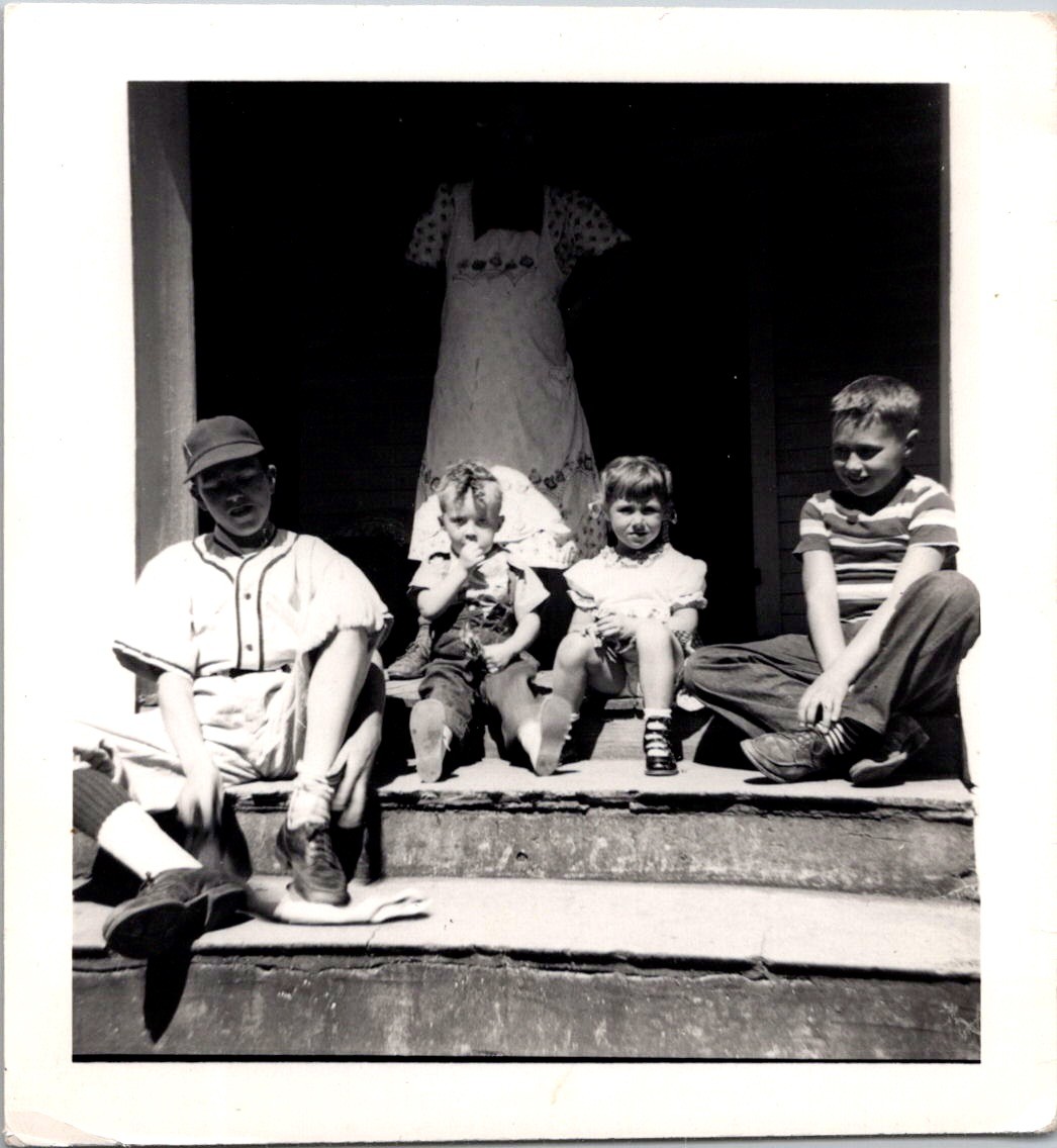 Children on Porch with Boy in Baseball Uniform, 1950s B&W Snapshot Photo