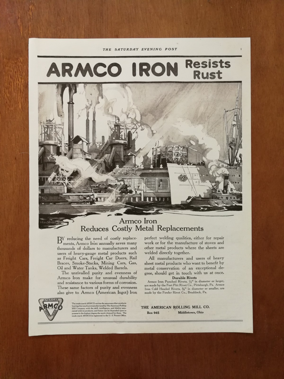 Vintage 1919 Armco Iron Full Page Original Ad Vintage 1919 Armco Iron Full Page Original Ad