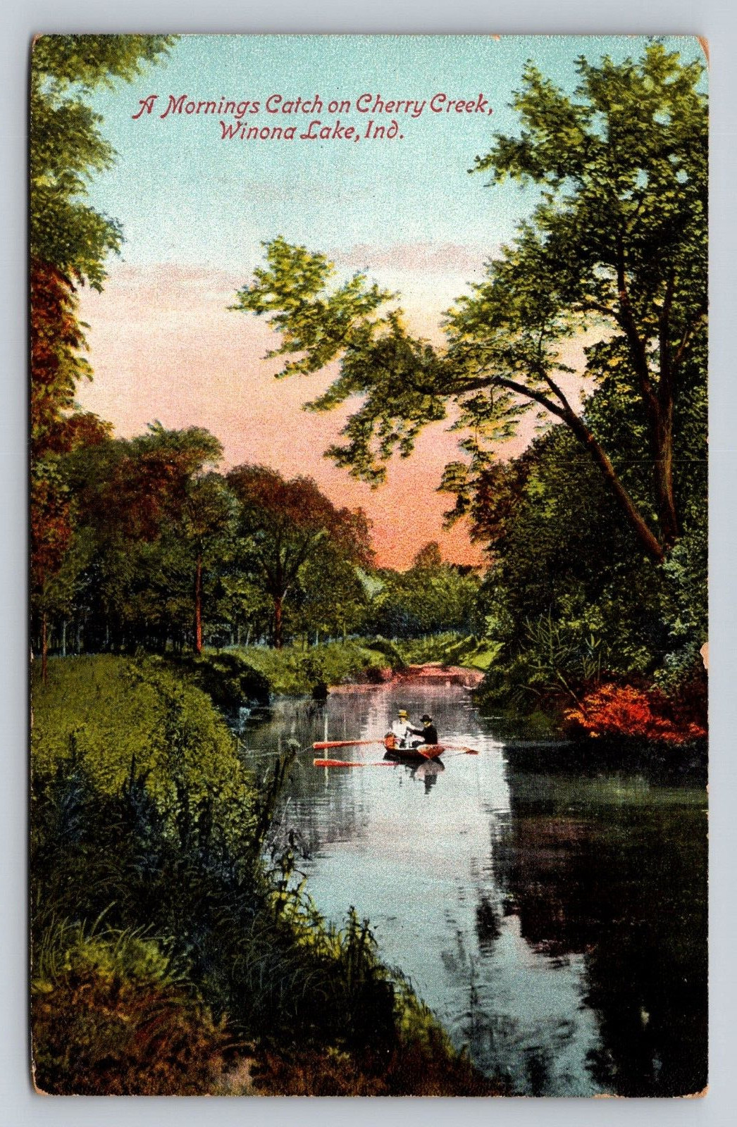 Early 1900s Old Postcard Morning Catch Men Fishing Cherry Creek Winona Lake IN