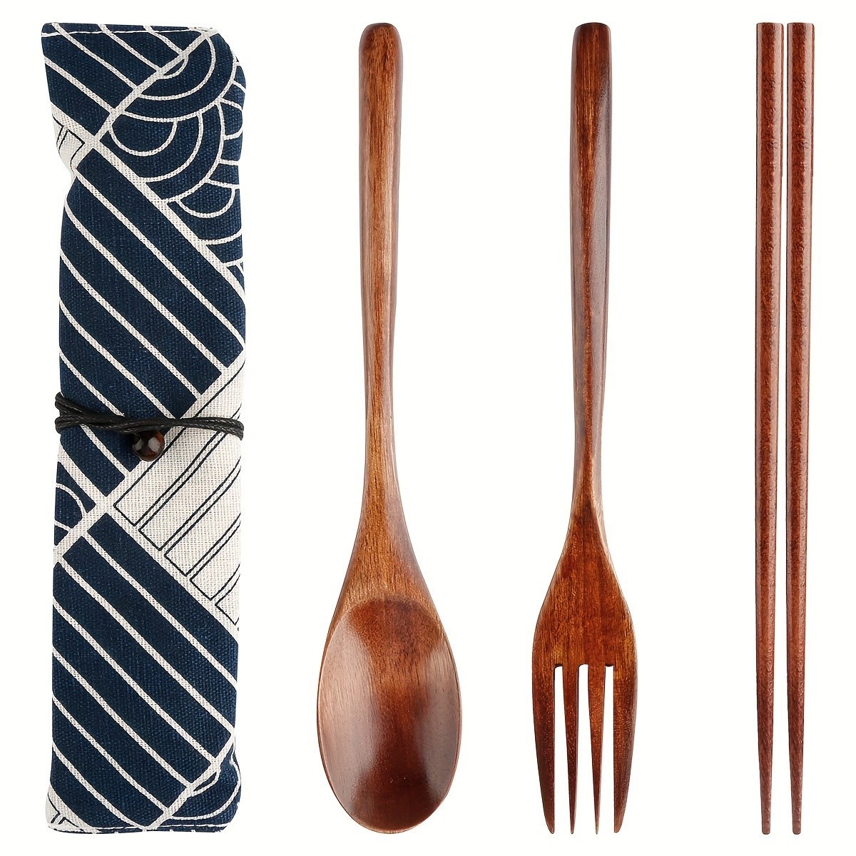 3pcs Japanese Wooden Cutlery Set Spoon Chopsticks Forks Pouch Holder Wood Sushi