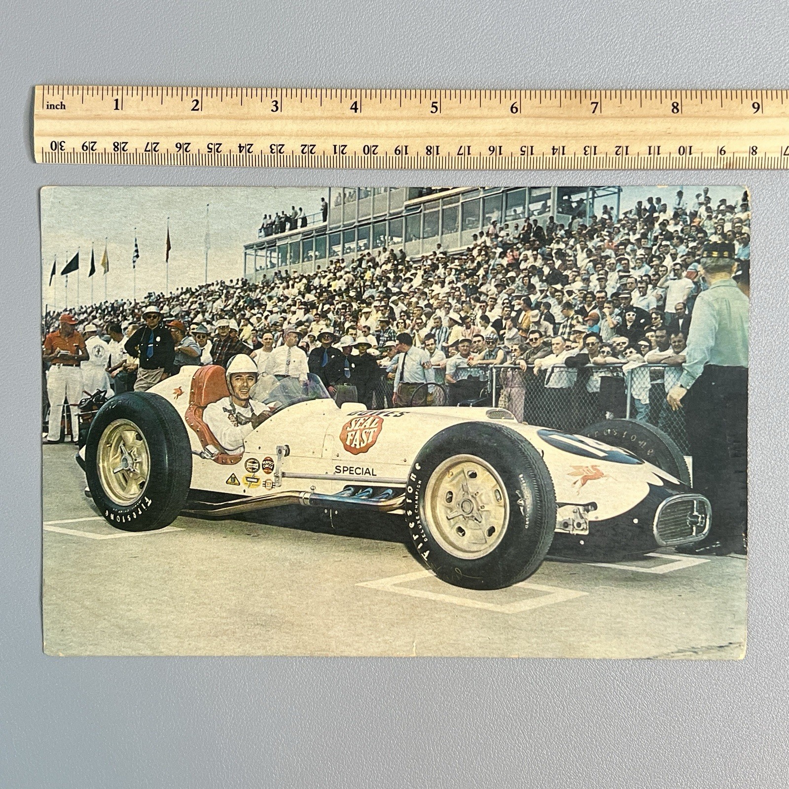 Vtg 1957 Fred Agabashian Bowes Seal Fast Indy 500 Giant Postcard Champion Spark