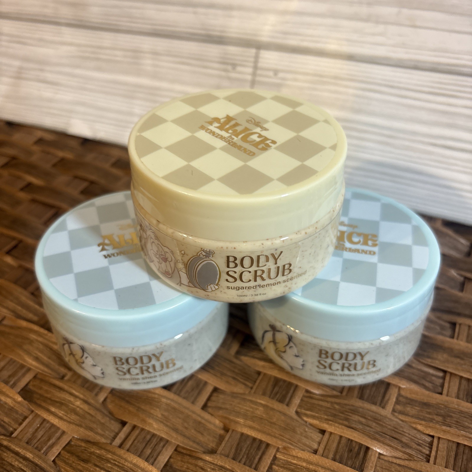 Alice In Wonderland 3 Pack Body Scrub Cheshire, Alice, White Rabbit 3.38 Oz each Alice In Wonderland 3 Pack Body Scrub Cheshire, Alice, White Rabbit 3.38 Oz each