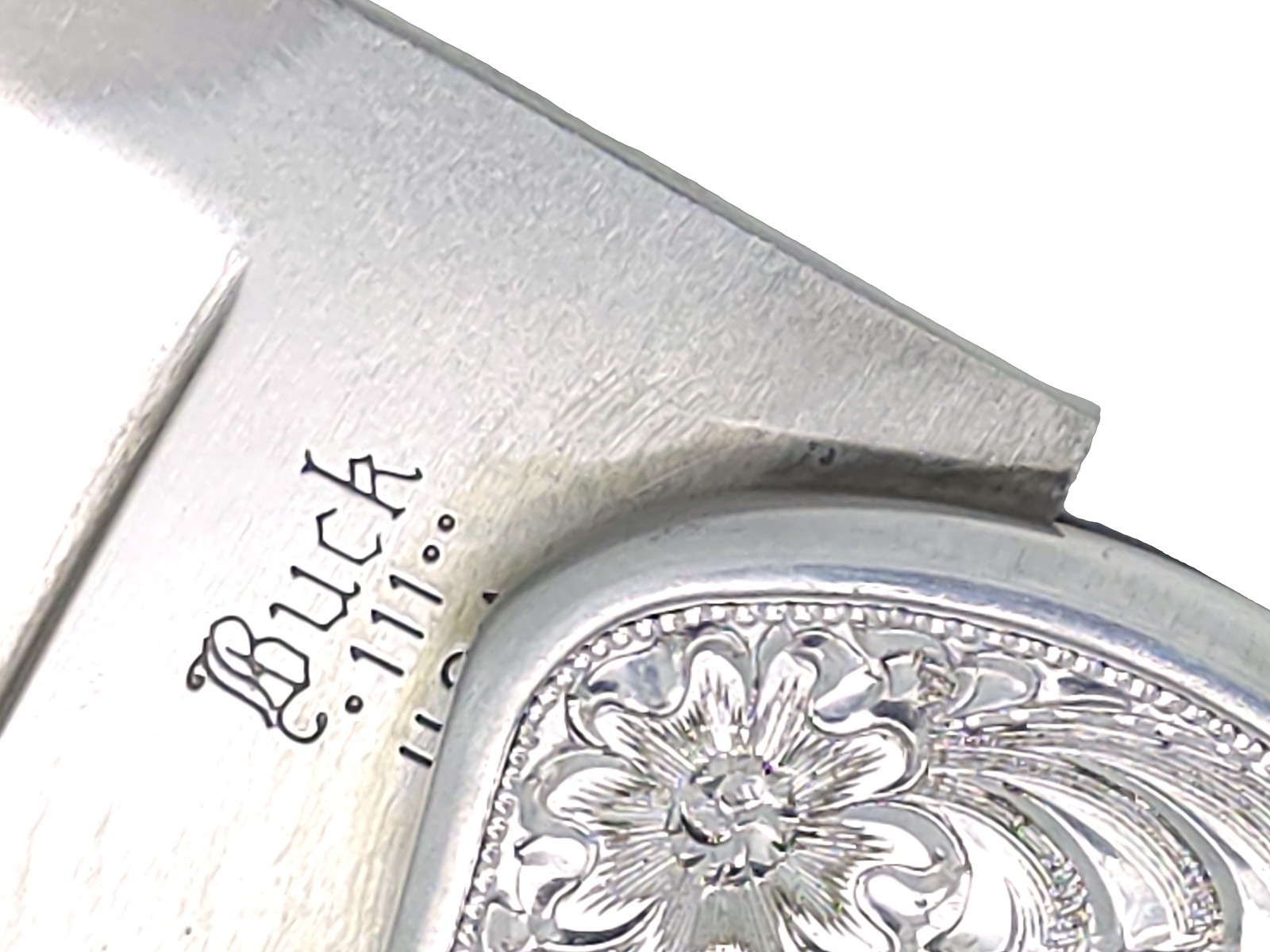 Vintage Buck 111 Classic Engraved Metal Handle Lockback Folding Knife USA 1980