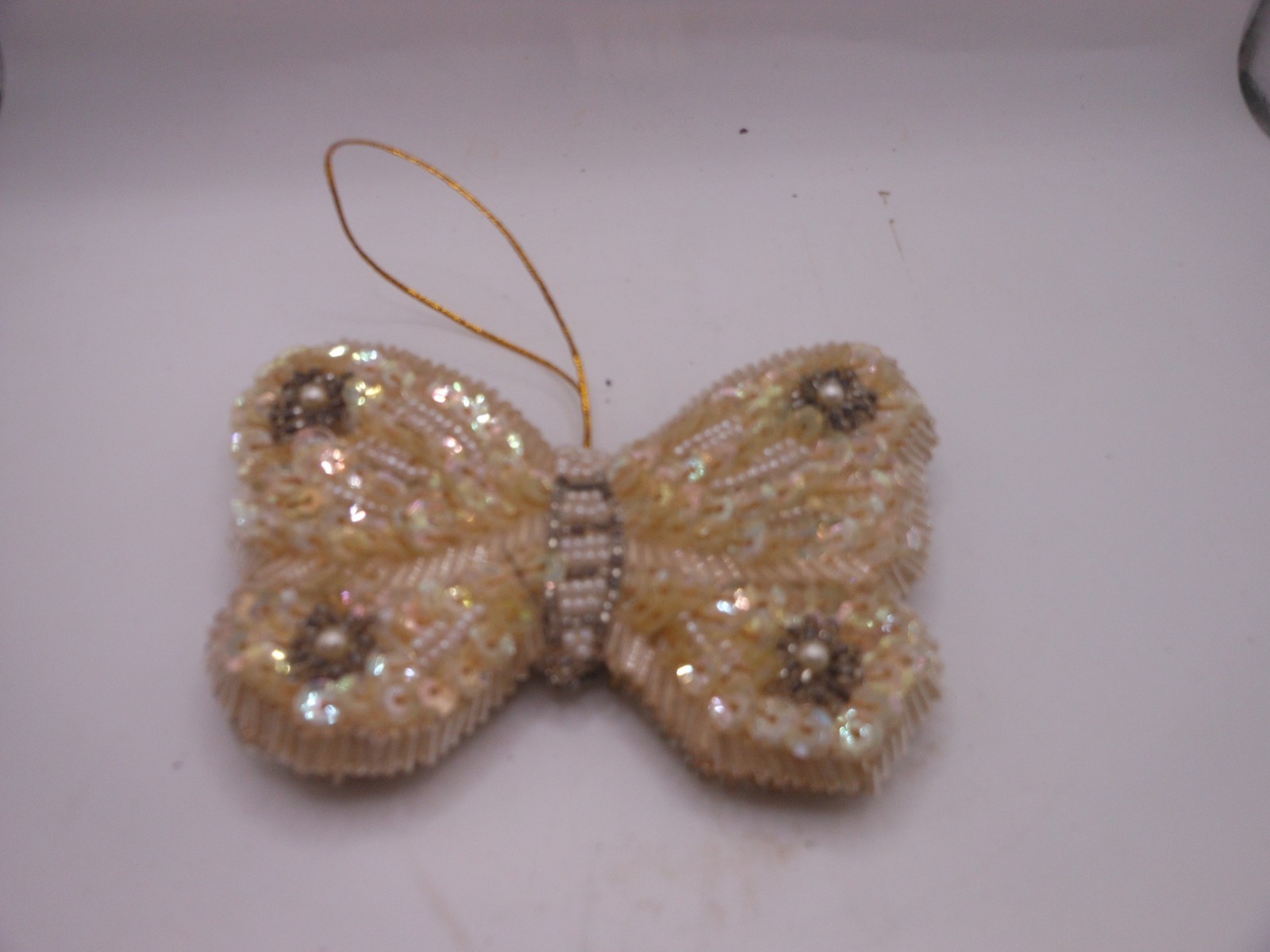 Beaded Sequin Butterfly Christmas Ornament Iridescent Pearl White Vintage Boho