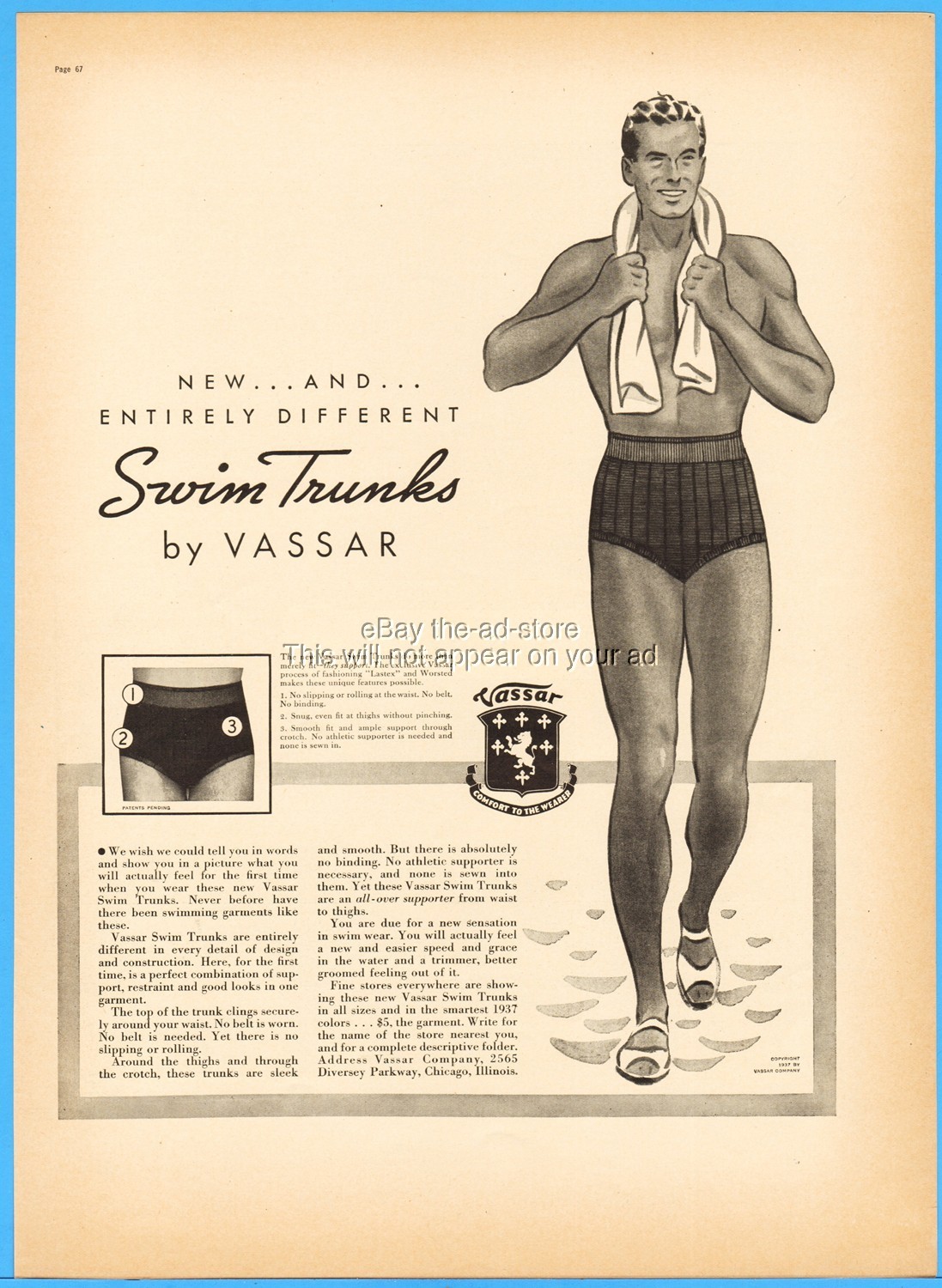 1937 Vassar Co Chicago IL Men\'s Swim Trunks Swimwear Pool Beach Fashion Ad