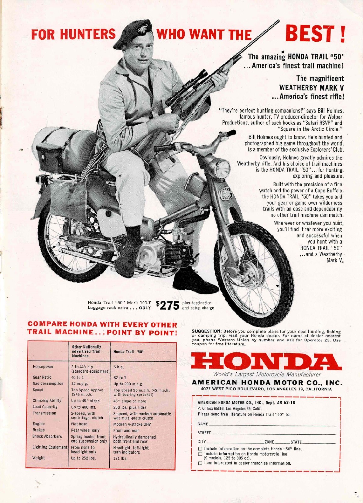 1962 HONDA Trail 50 Model 100T Sport Bike Motorcycle PRINT  AD Hunter w/ Rifle