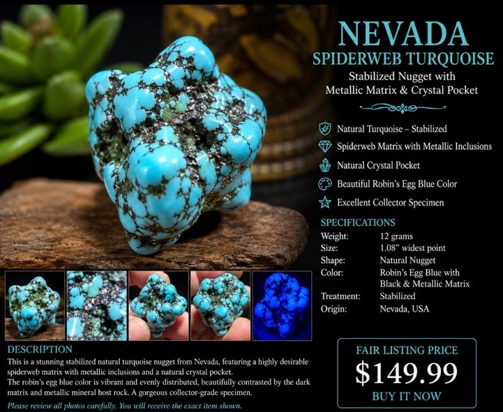 Nevada Spiderweb Turquoise Nugget 12g Stabilized w/ Metallic Matrix Display