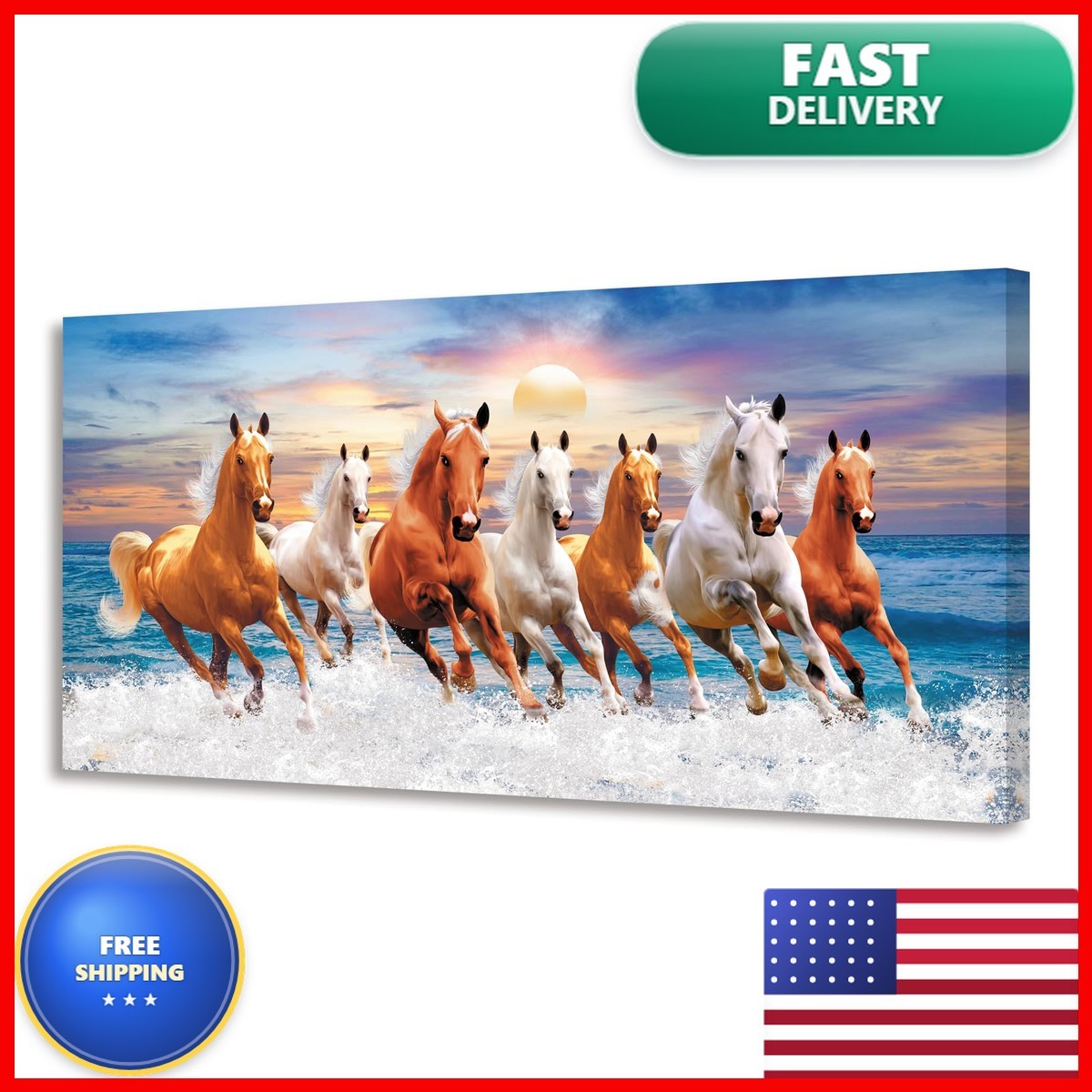 Aibonnly Canvas Wall Art Seven Horses Blue Sky Sunset 1 Piece Framed Ready to